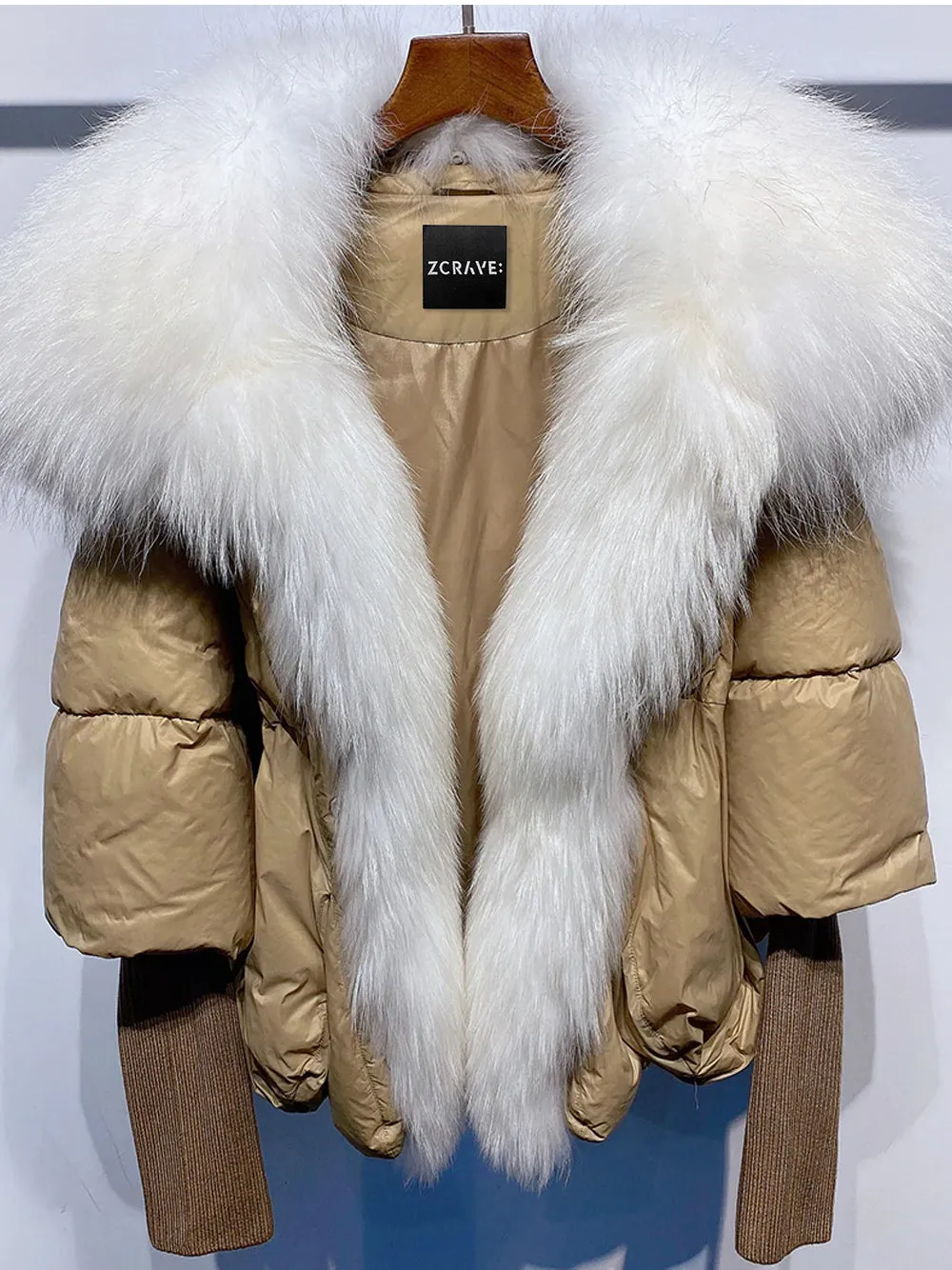 Fur Trim Puffer Jacket in Tan & White