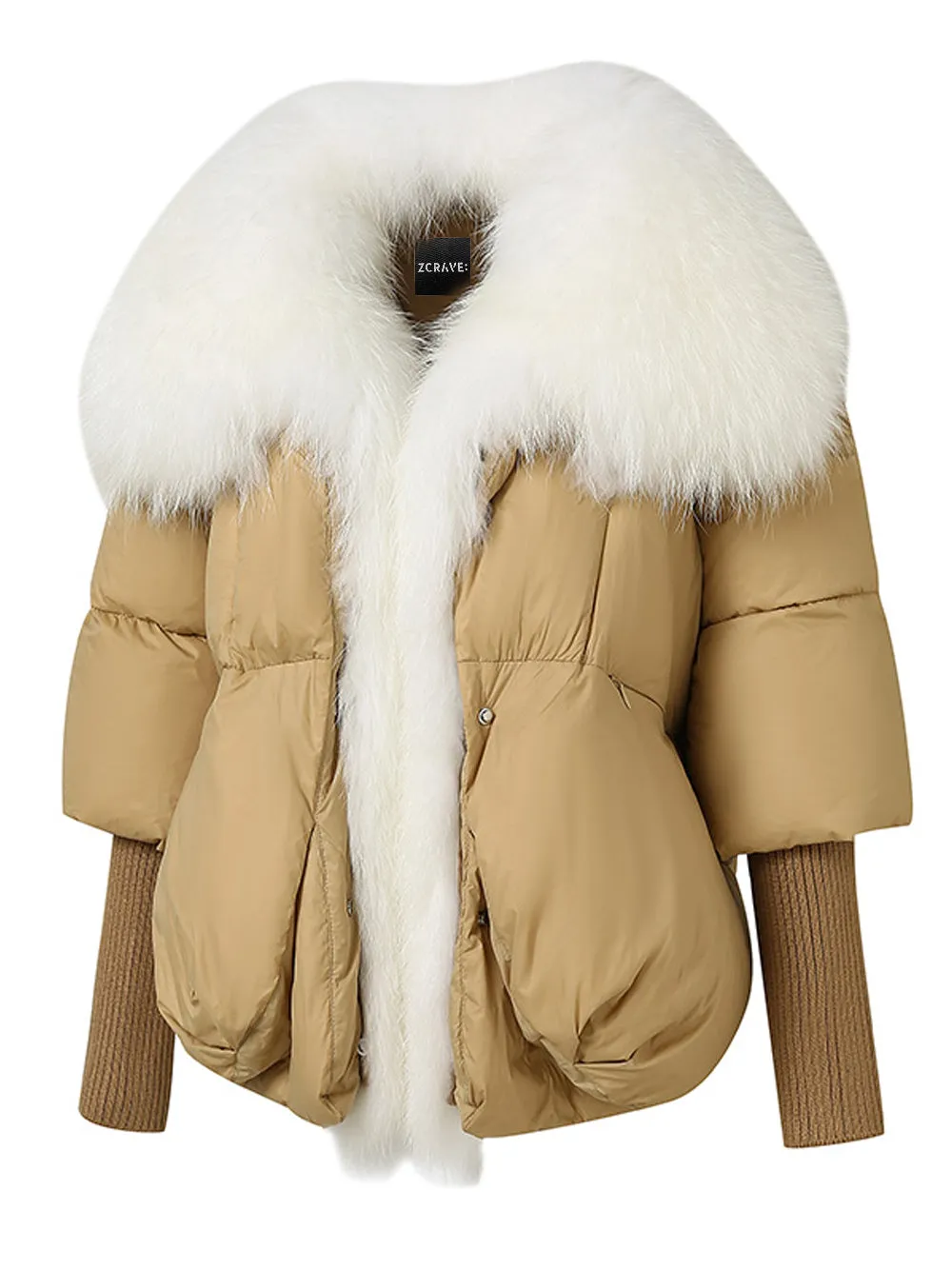 Fur Trim Puffer Jacket in Tan & White