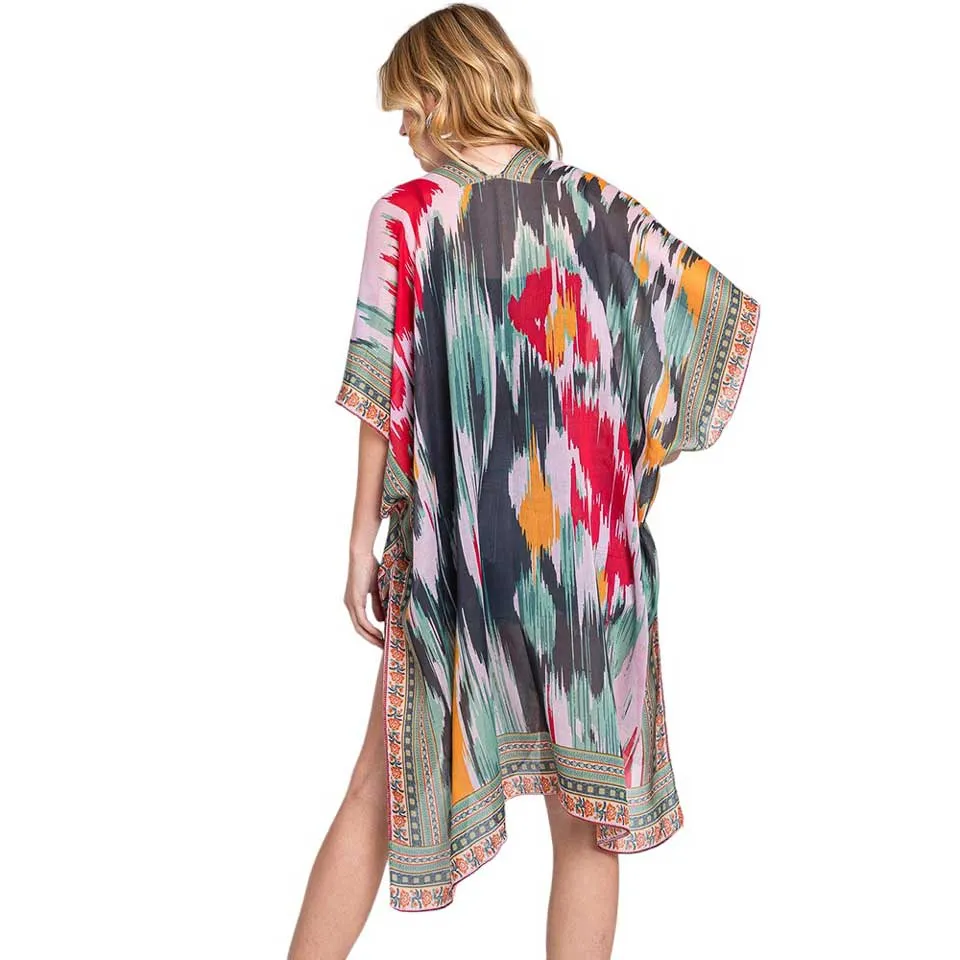 Geometric Trim Tie Dye Print Kimono Poncho