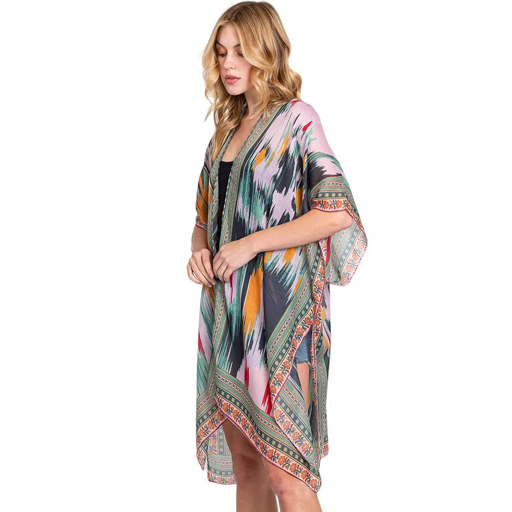 Geometric Trim Tie Dye Print Kimono Poncho