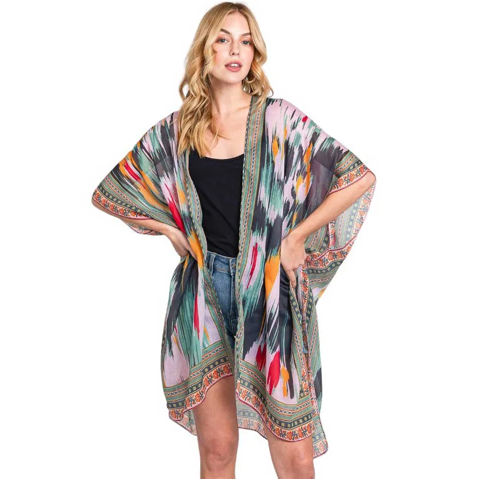 Geometric Trim Tie Dye Print Kimono Poncho