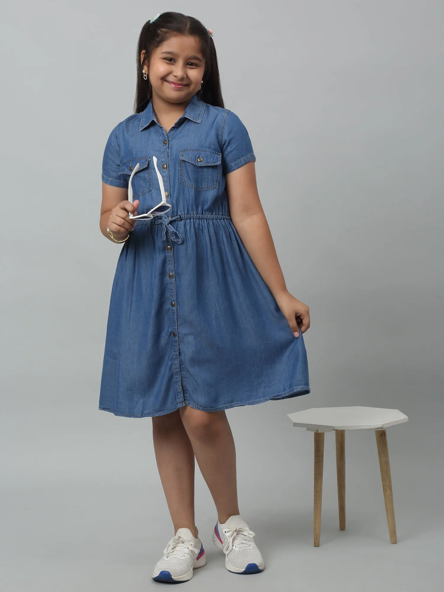 Girls Cotton Solid Shirt Collar Short Sleeves Fit and Indigo Blue Casual Dress