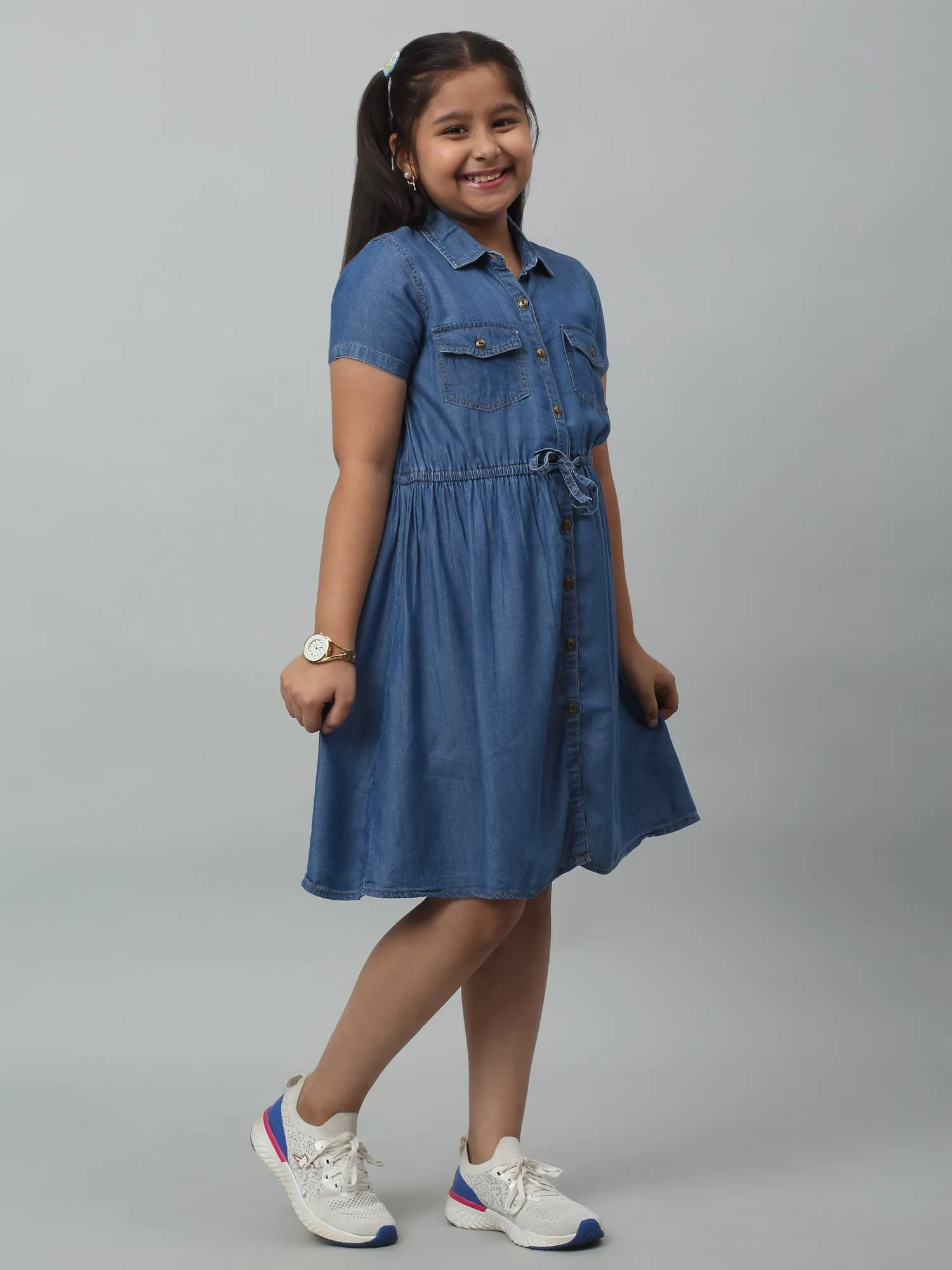 Girls Cotton Solid Shirt Collar Short Sleeves Fit and Indigo Blue Casual Dress