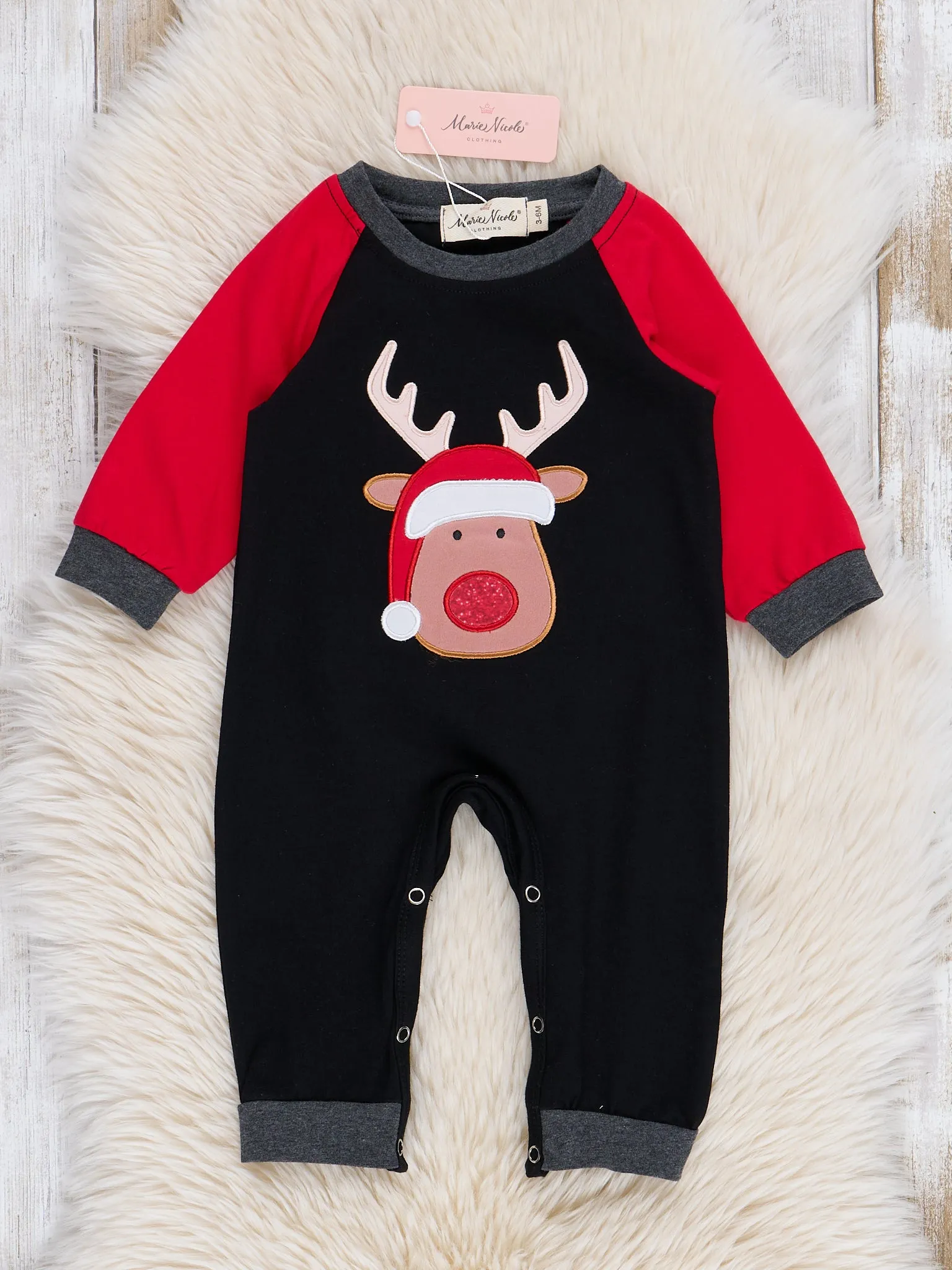 Grey & Red Embroidered Reindeer Raglan Romper