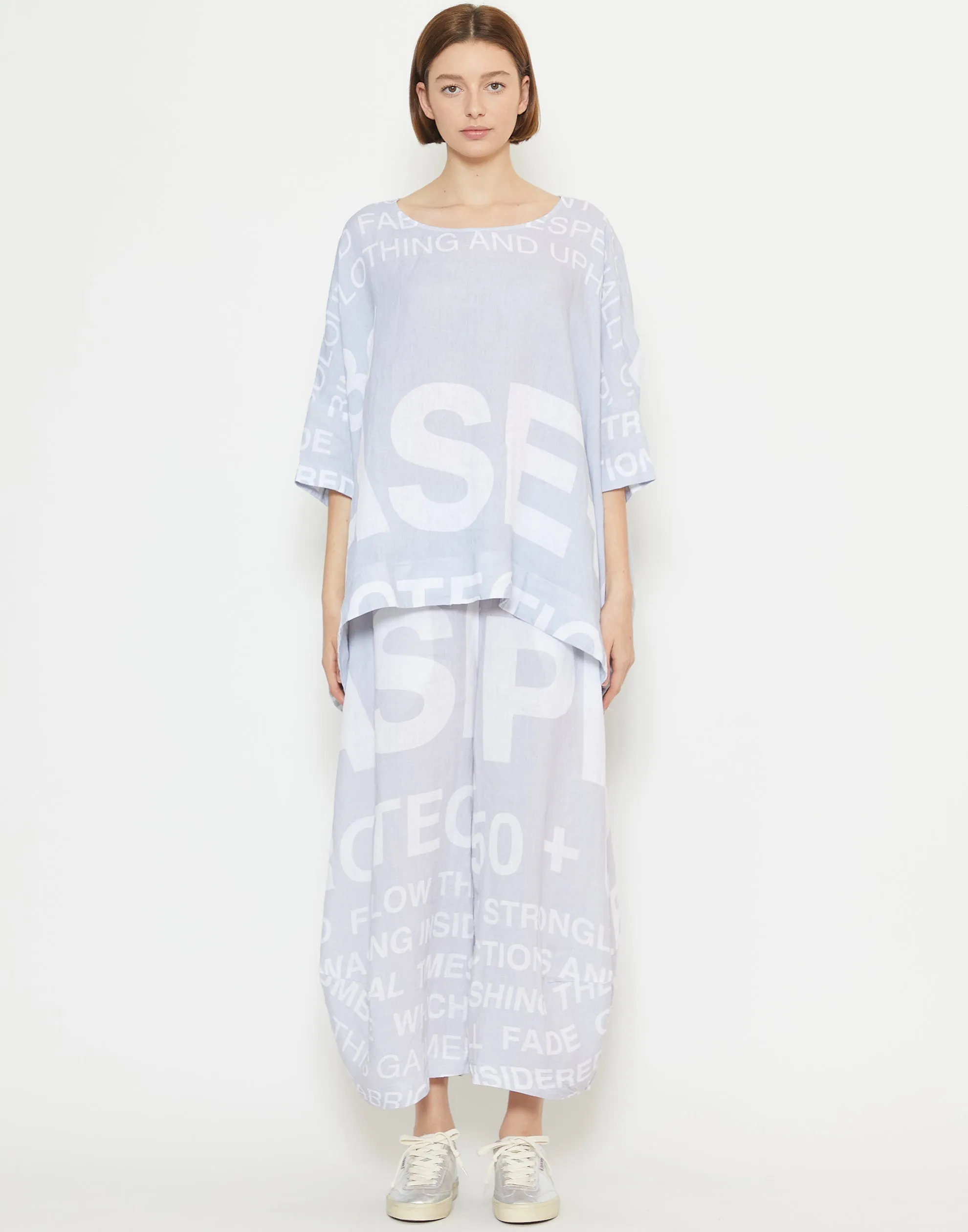 Grey Printed Linen Wide Leg Pants