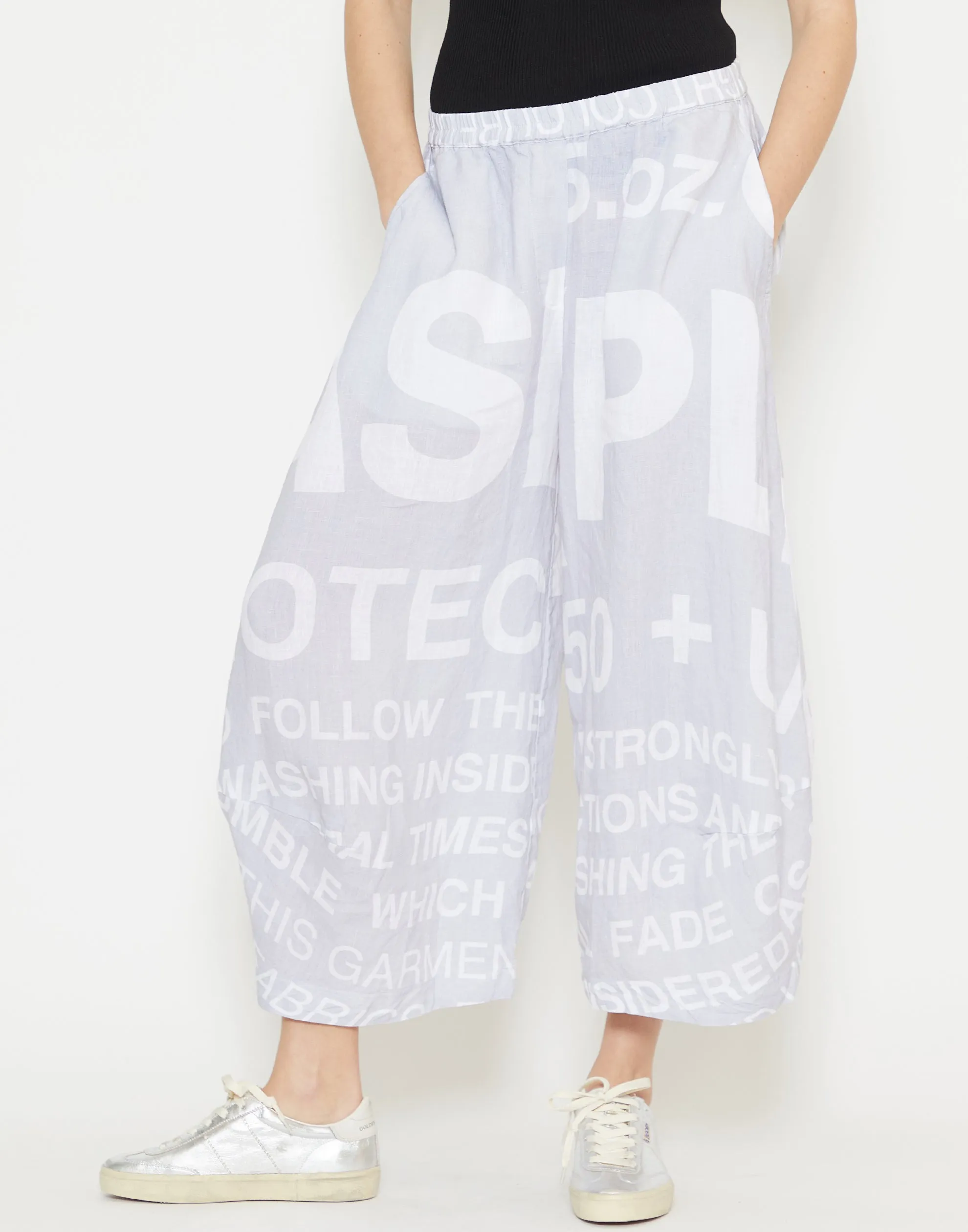 Grey Printed Linen Wide Leg Pants