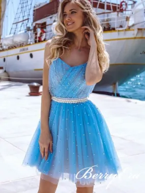 Ice Blue Tulle Beaded Short Prom Dresses, Homecoming Dresses