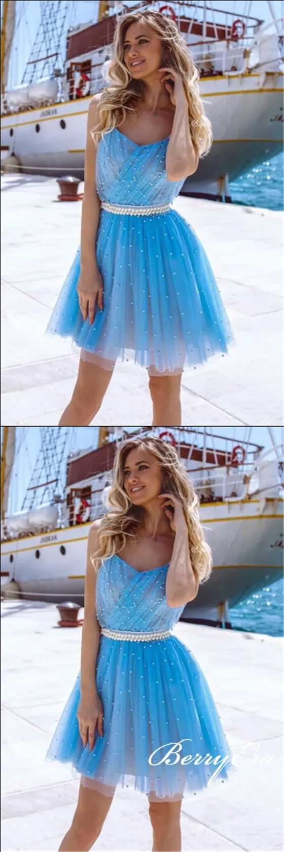 Ice Blue Tulle Beaded Short Prom Dresses, Homecoming Dresses