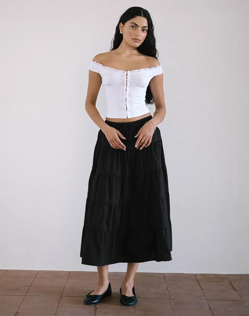 Izumi Tiered Midi Skirt in Poplin Black