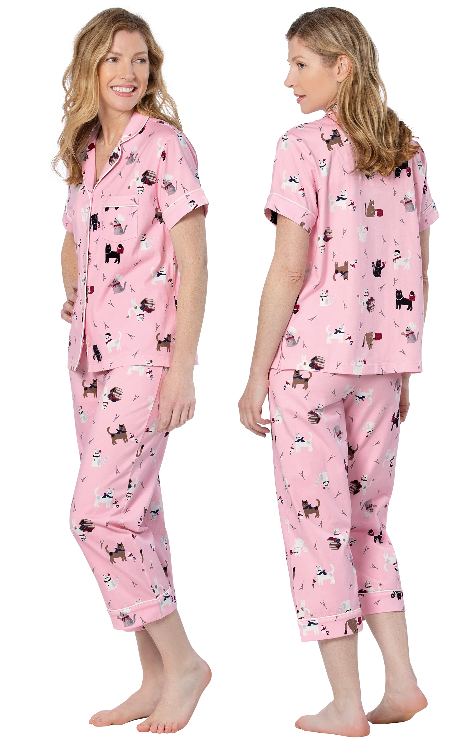 Kitty In Pair Short Sleeve Button-Front Pajamas