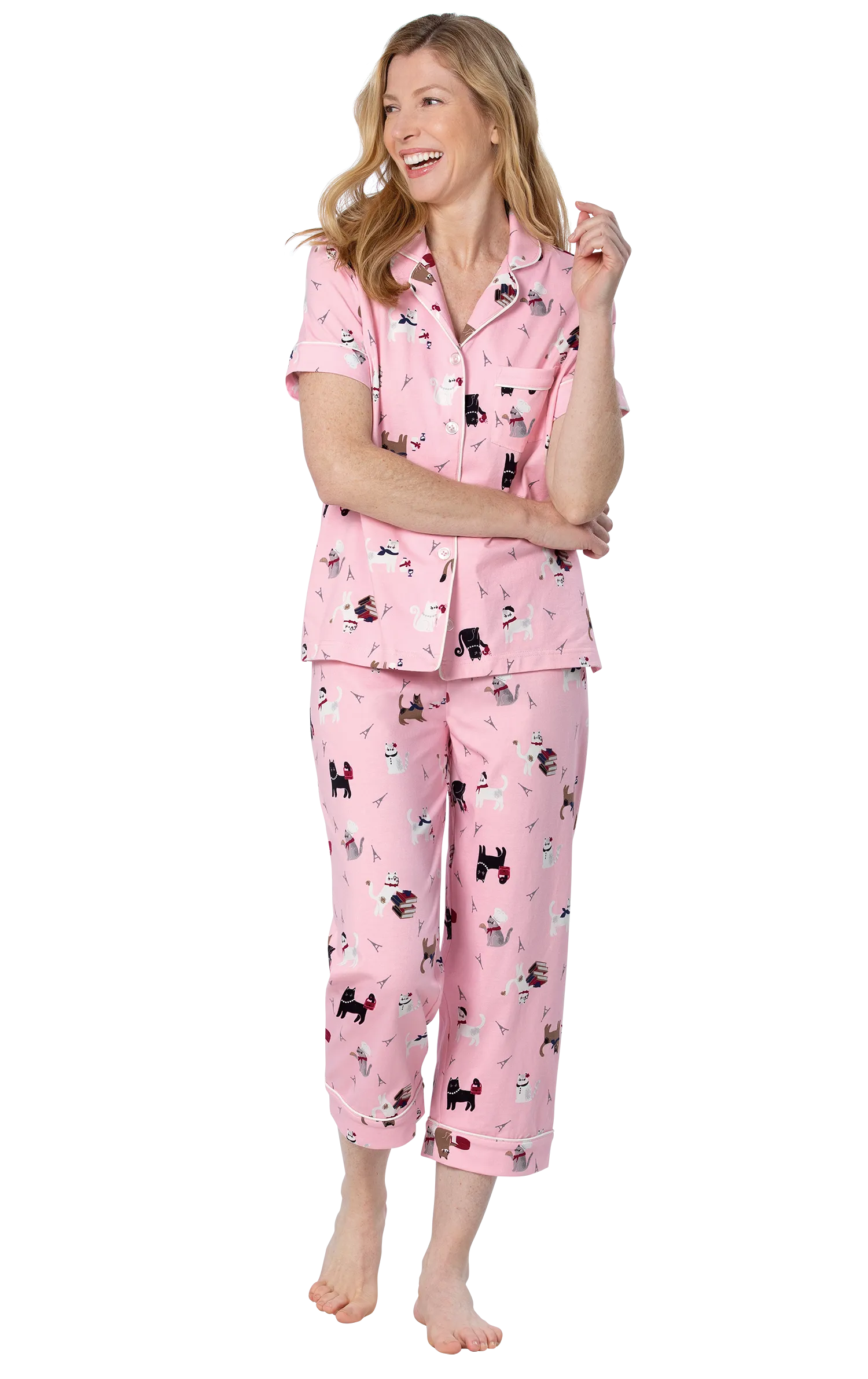 Kitty In Pair Short Sleeve Button-Front Pajamas