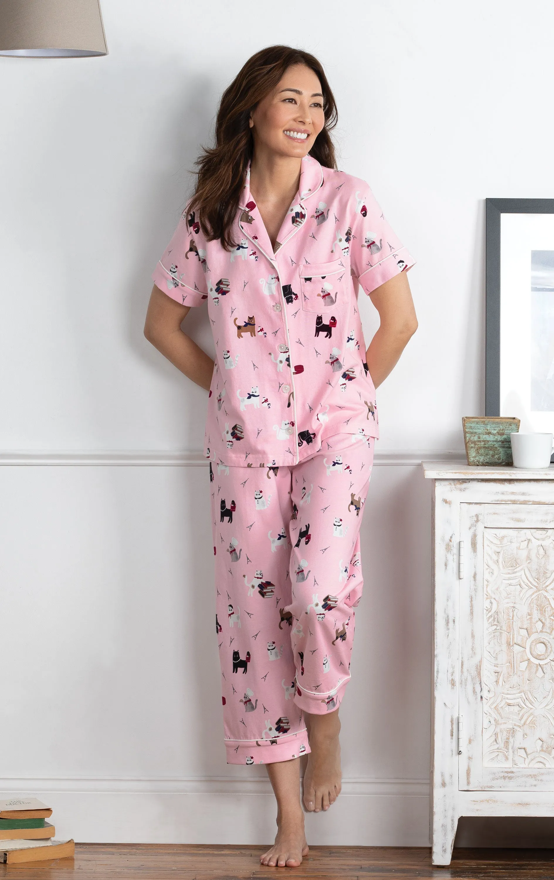 Kitty In Pair Short Sleeve Button-Front Pajamas