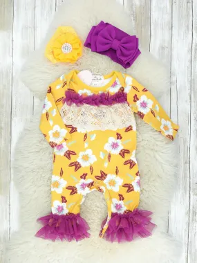 Mustard & Plum Floral Tulle Ruffle Romper