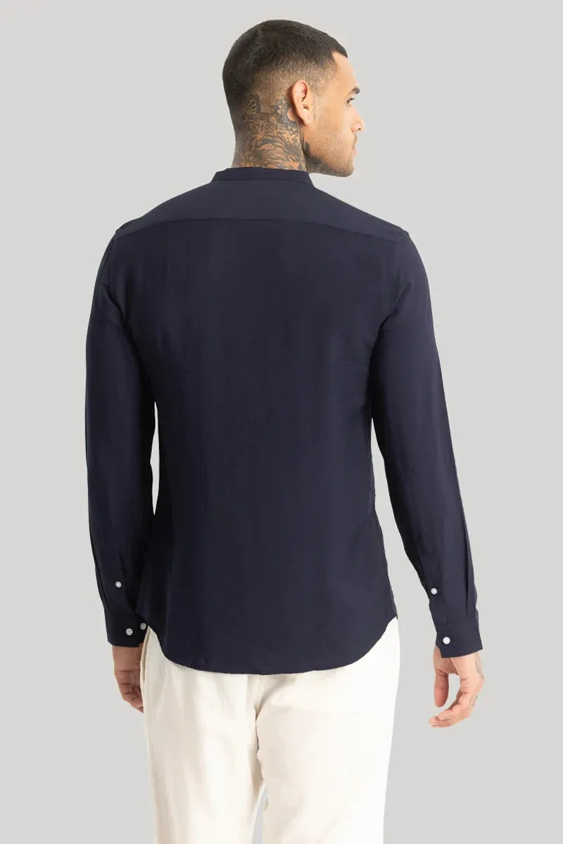 Navy Crushed Mandarin Collar Shirt