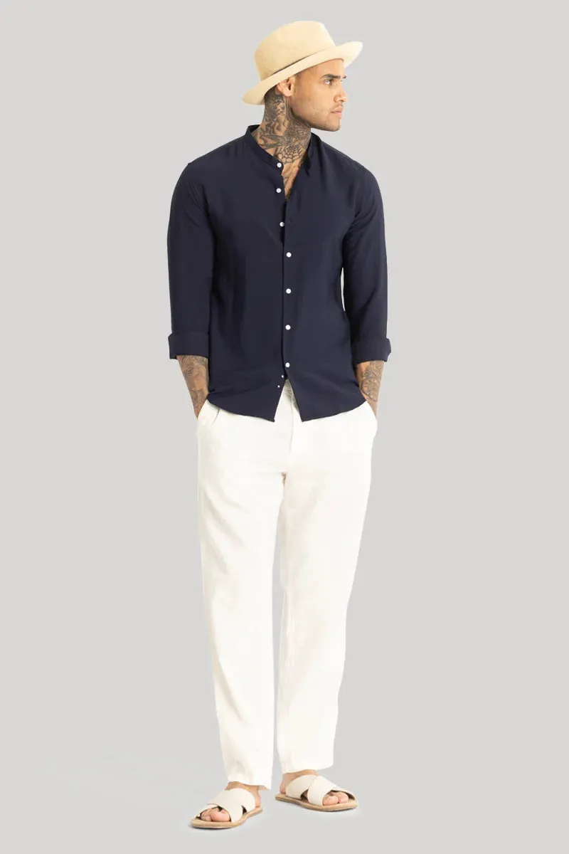 Navy Crushed Mandarin Collar Shirt