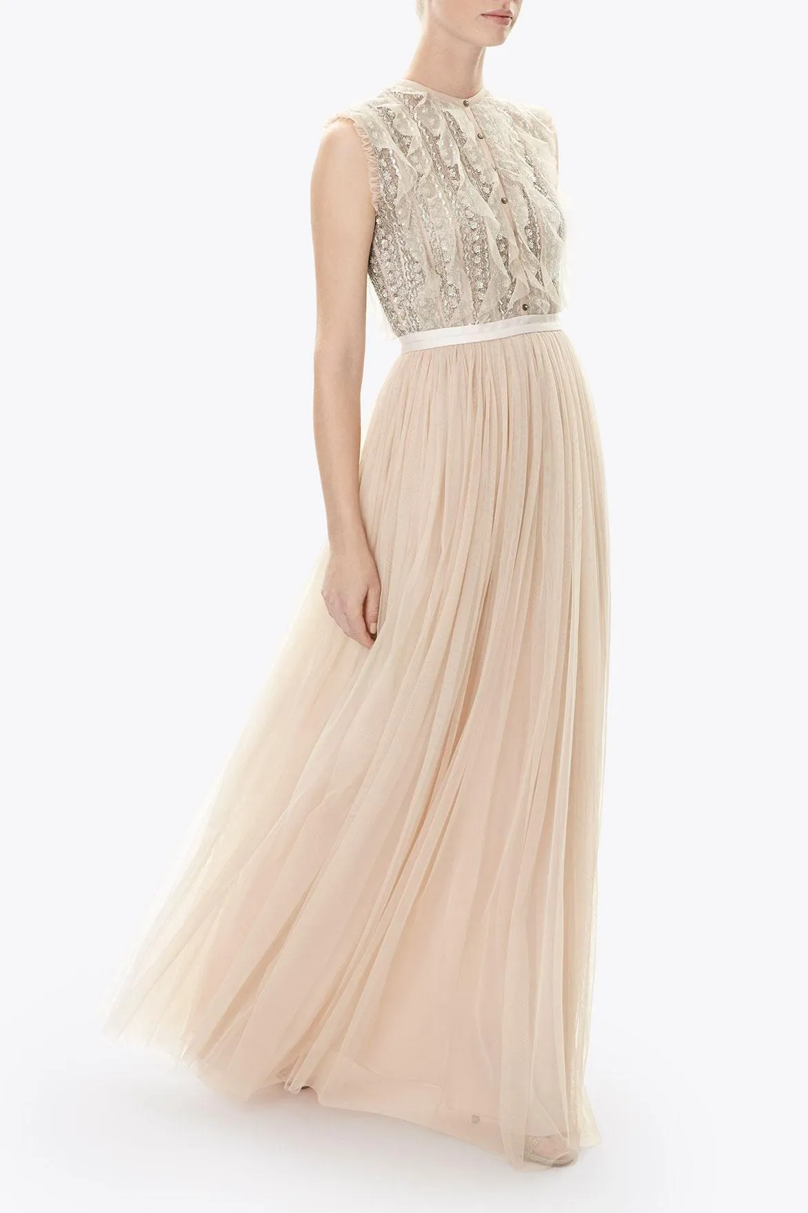 Nude Jet Frill Ruffled Embellished Tulle Gown (UK 10)