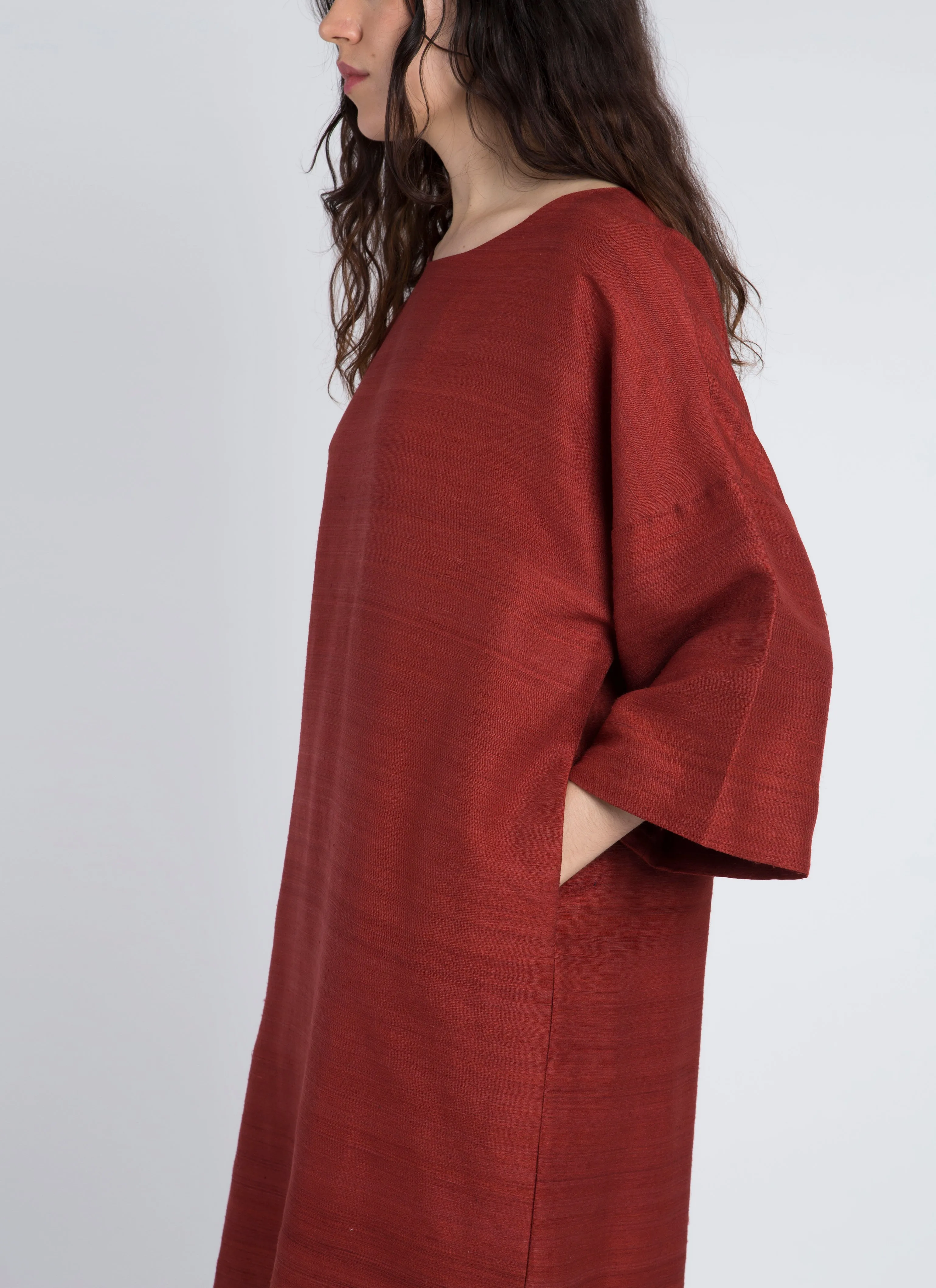 Phoenix 3/4 Sleeve Boatneck Silk Dress - Red Chili