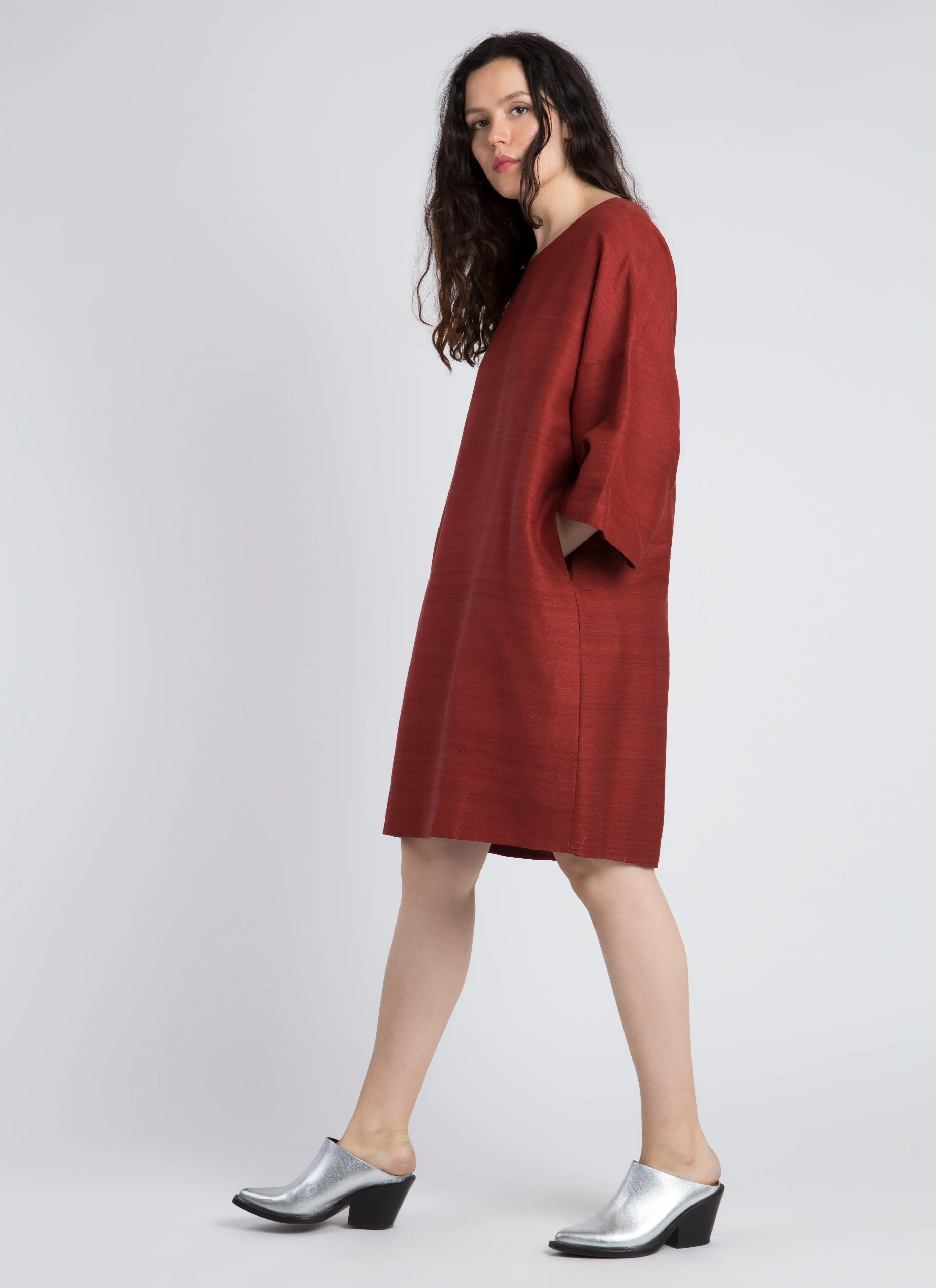 Phoenix 3/4 Sleeve Boatneck Silk Dress - Red Chili