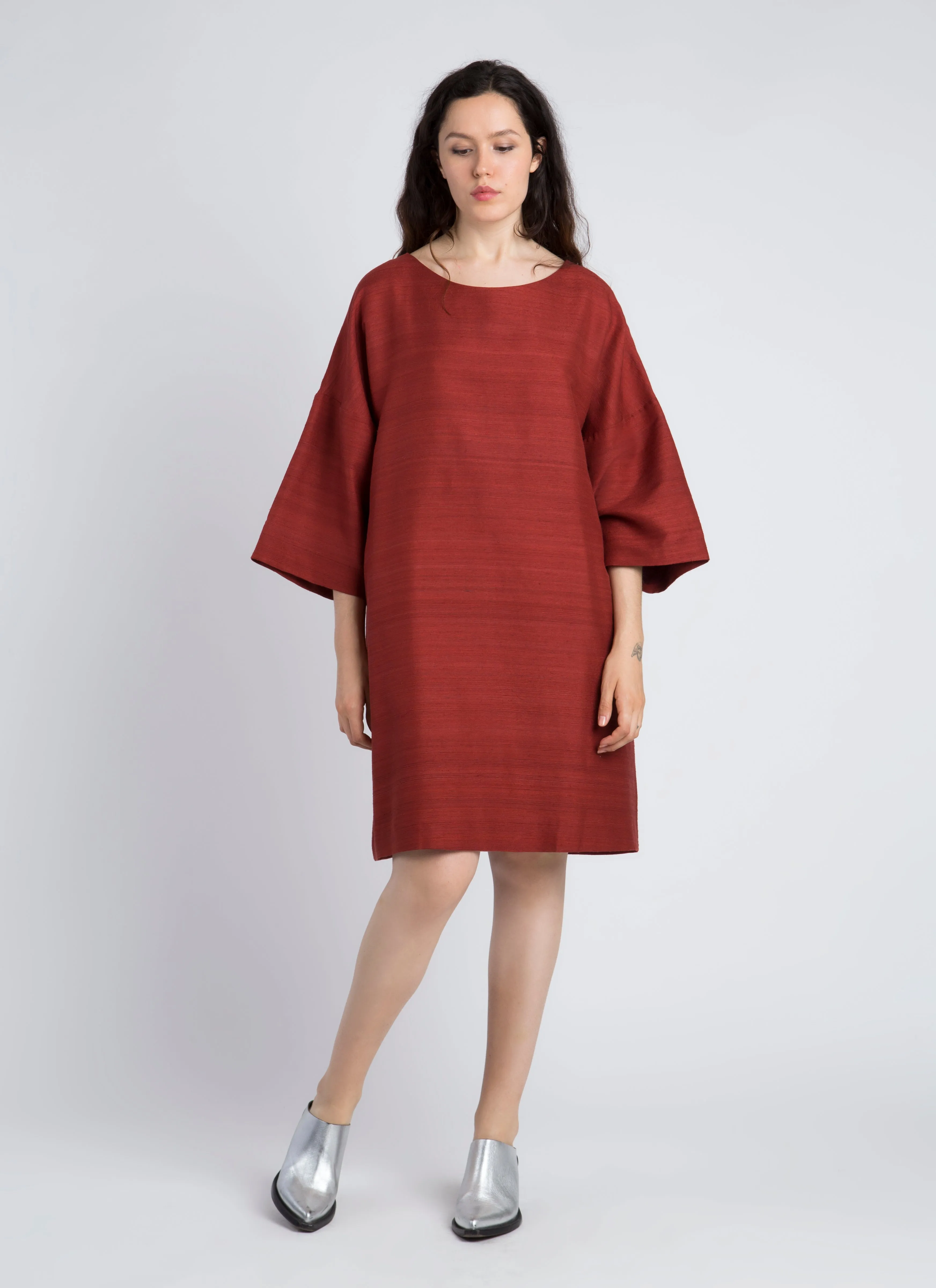 Phoenix 3/4 Sleeve Boatneck Silk Dress - Red Chili