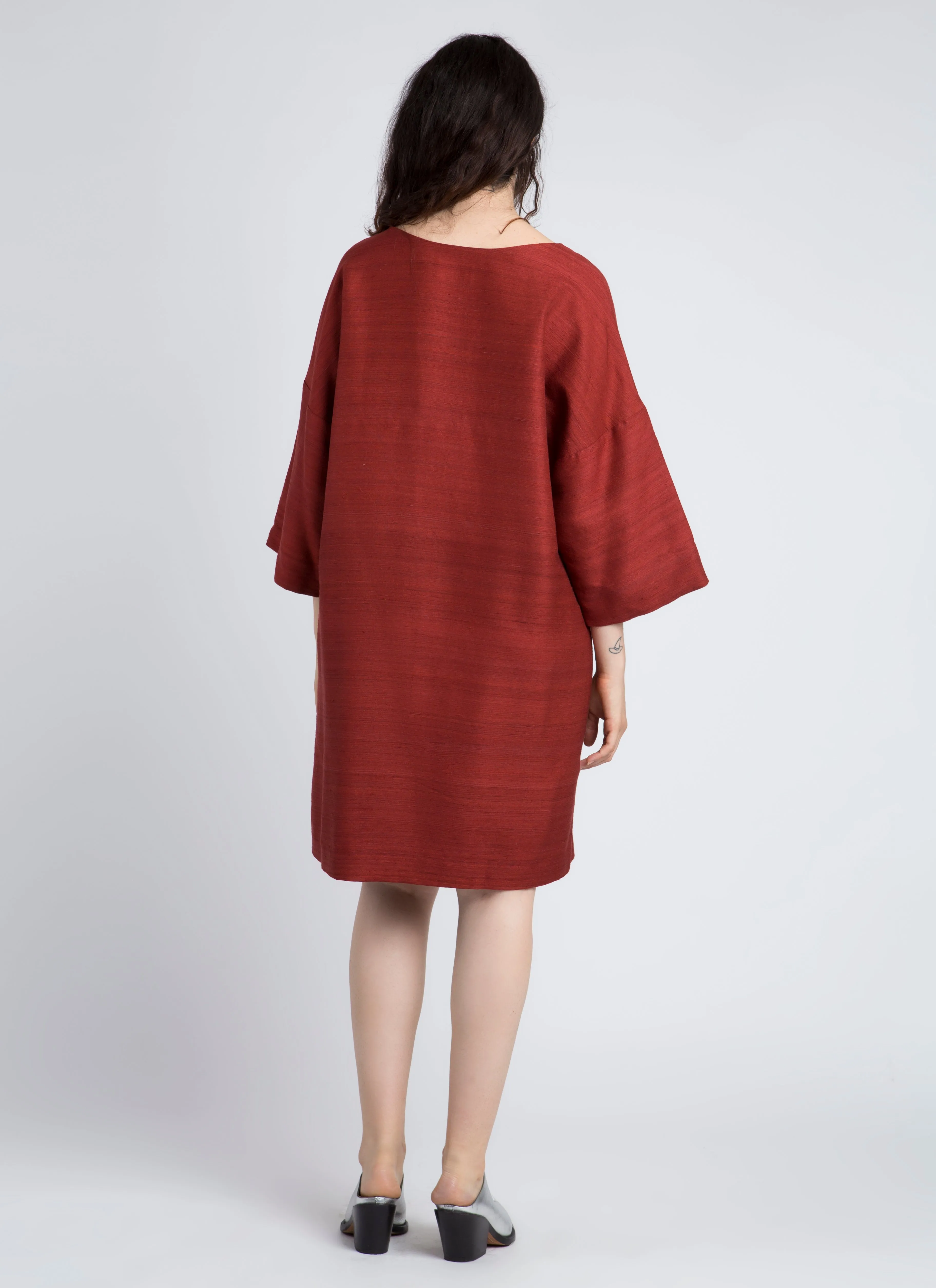 Phoenix 3/4 Sleeve Boatneck Silk Dress - Red Chili