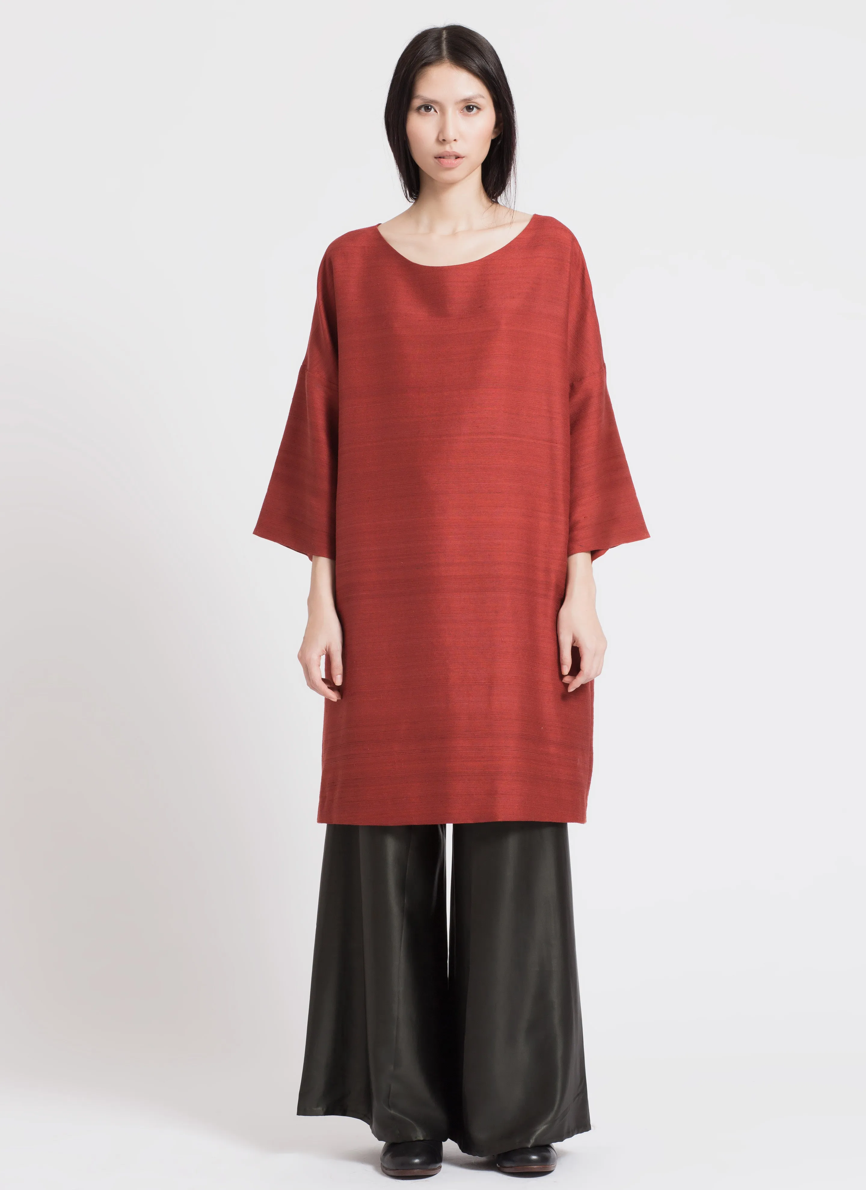 Phoenix 3/4 Sleeve Boatneck Silk Dress - Red Chili