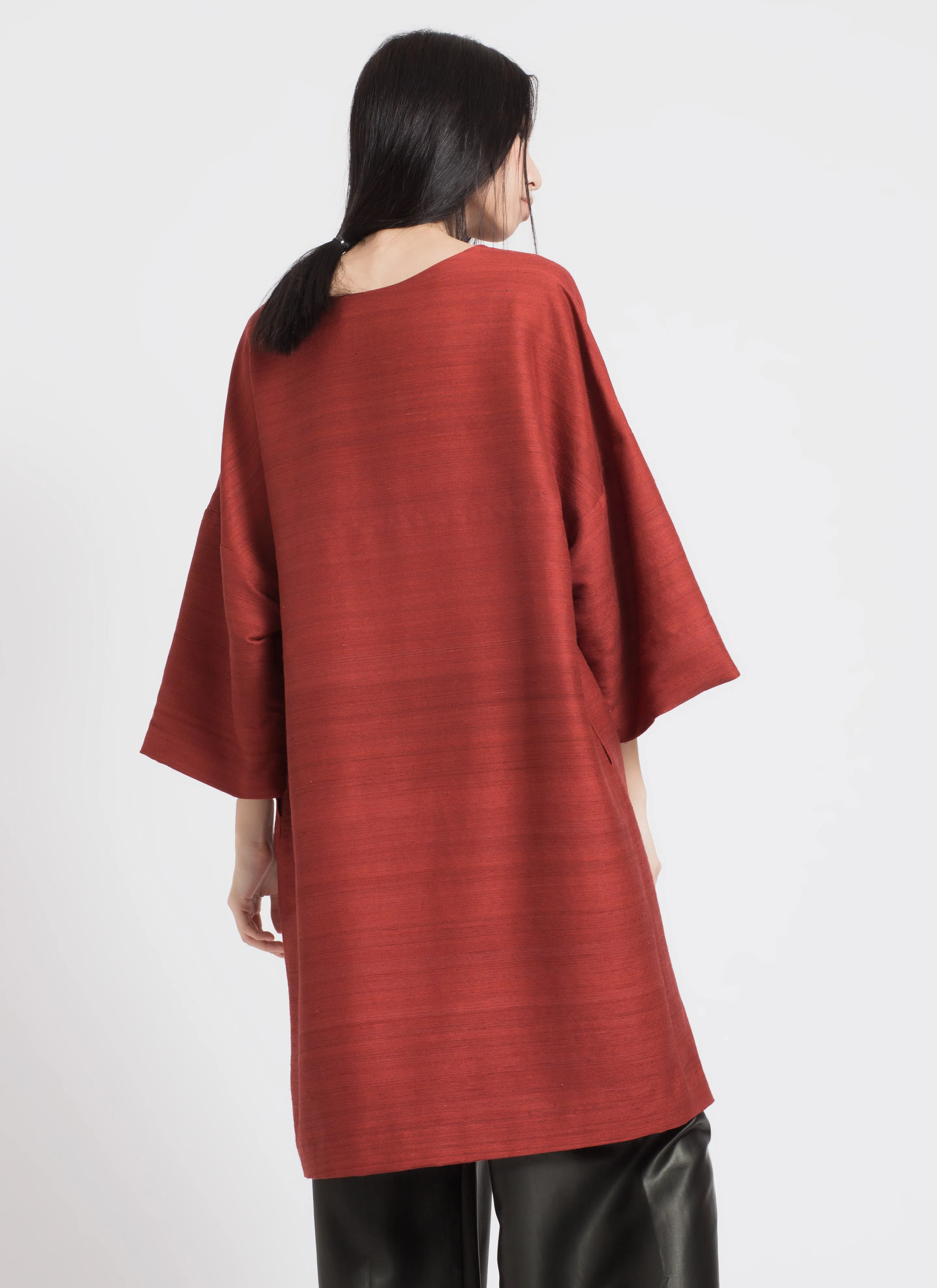 Phoenix 3/4 Sleeve Boatneck Silk Dress - Red Chili