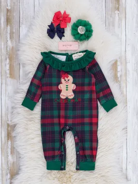 Plaid Embroidered Gingerbread Ruffle Romper