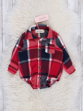 Red & Black Plaid Pocket Flannel Romper