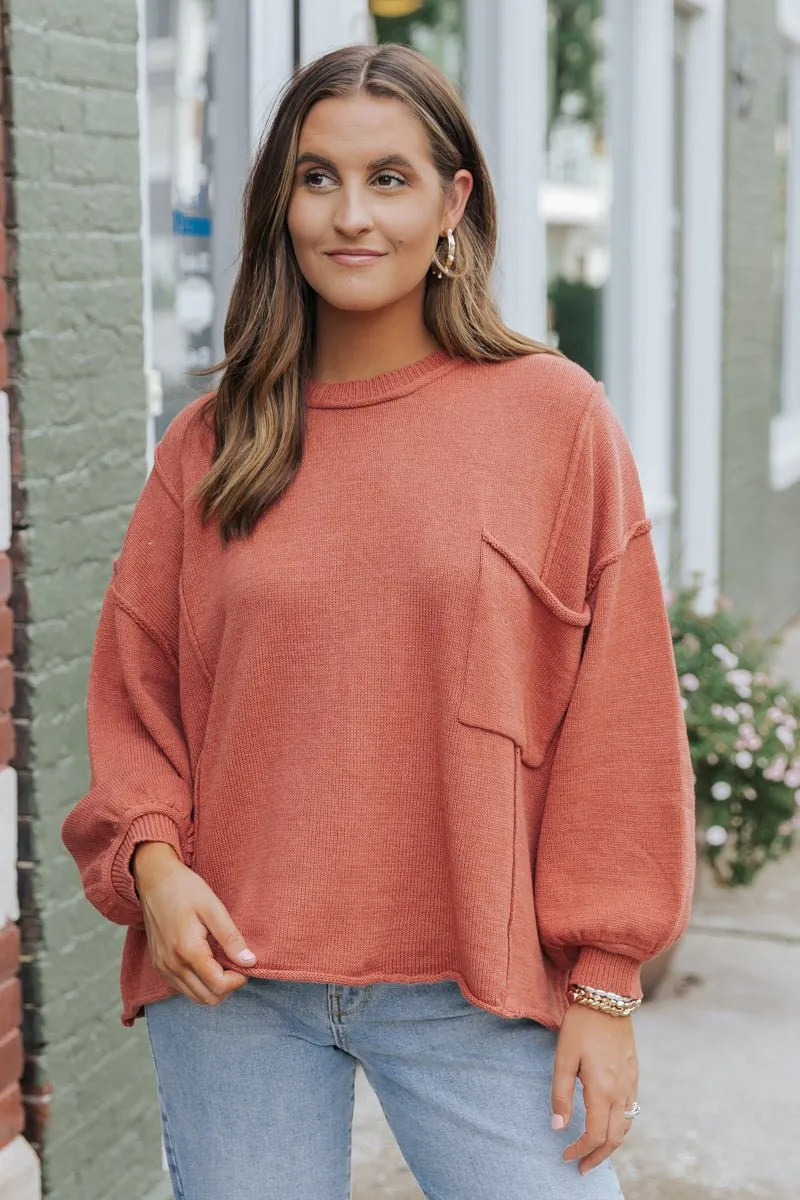 Rust Exposed Seam Pocket Sweater