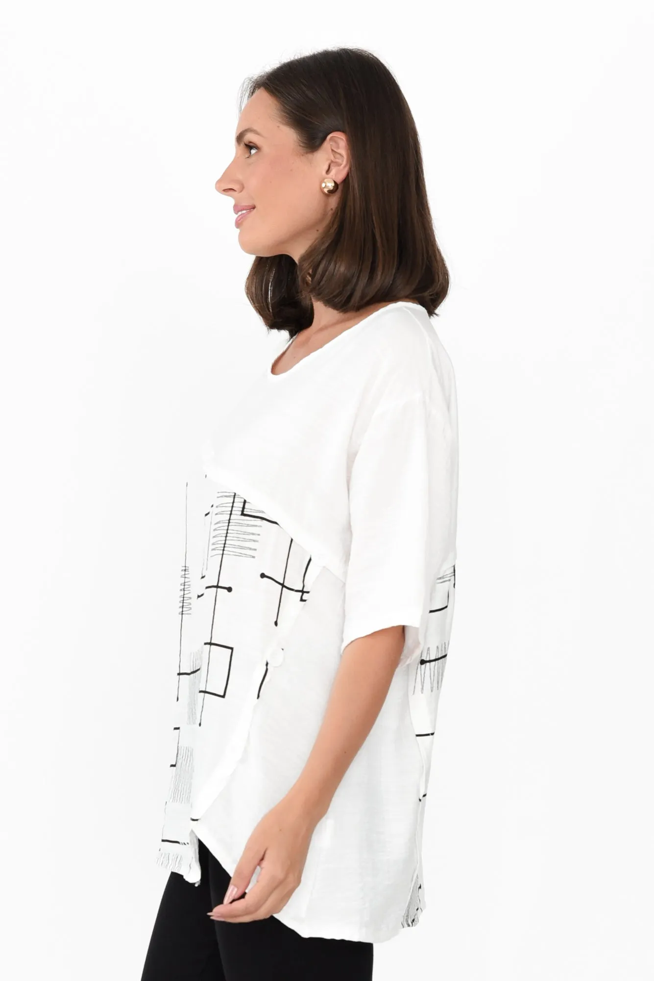 Sabra White Geo Diagonal Seam Top