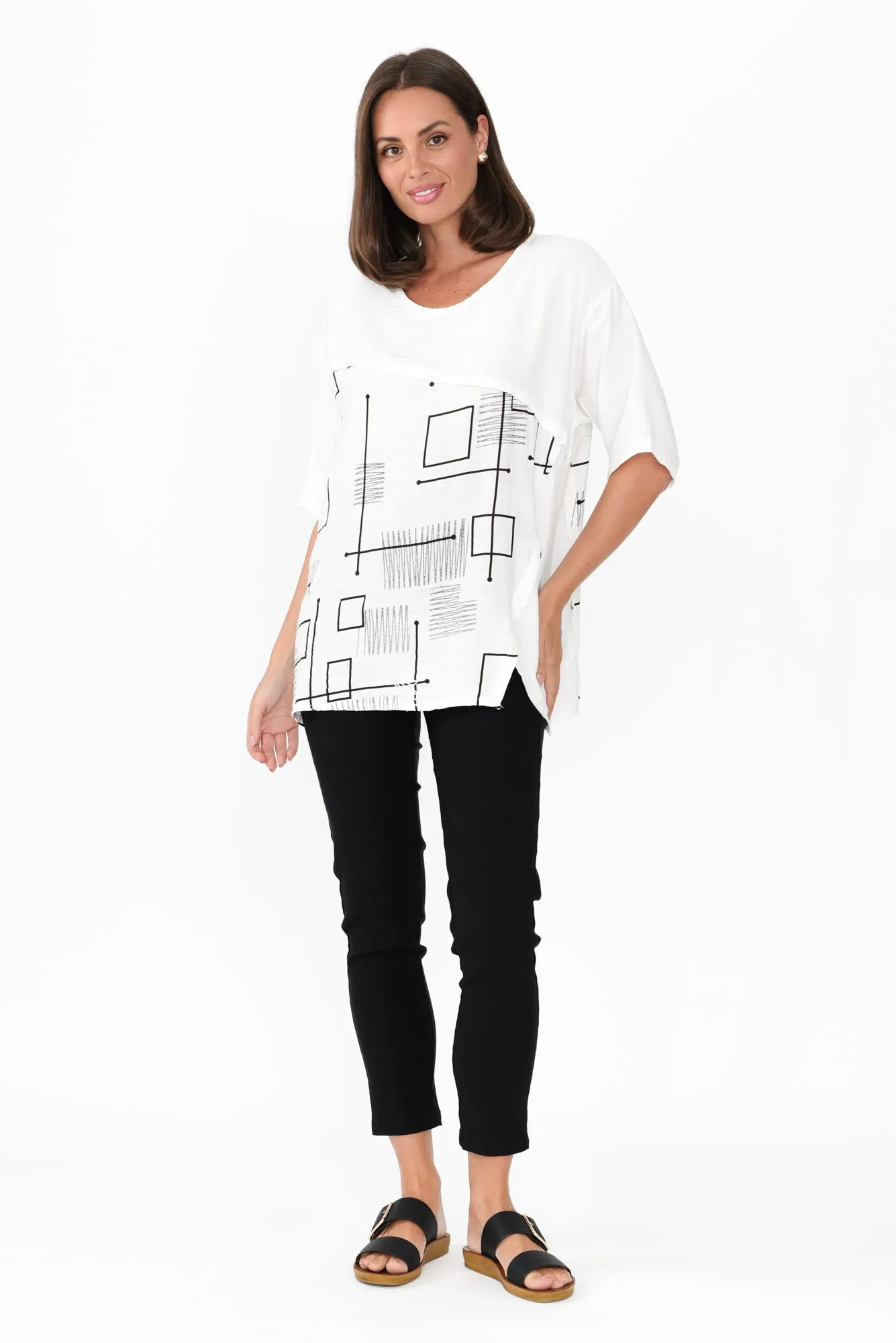 Sabra White Geo Diagonal Seam Top