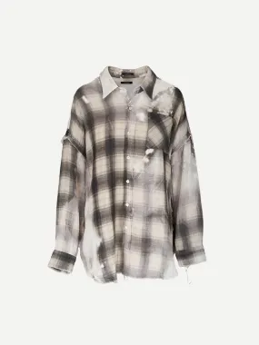 Shredded Seam Drop Neck Shirt in Bleached Grey Plaid