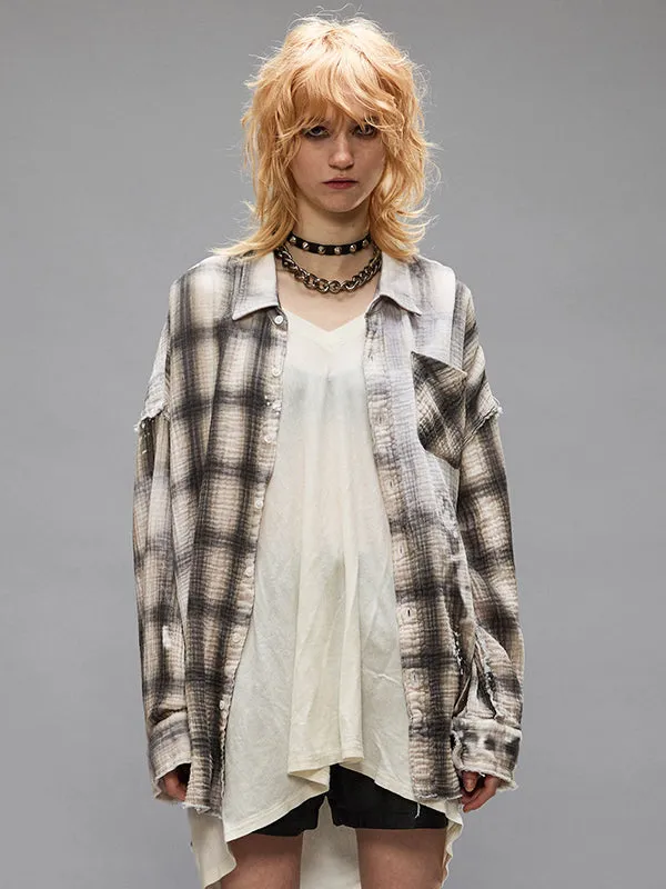 Shredded Seam Drop Neck Shirt in Bleached Grey Plaid