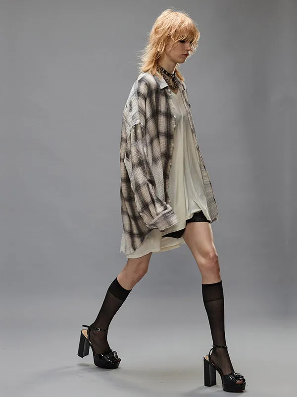 Shredded Seam Drop Neck Shirt in Bleached Grey Plaid