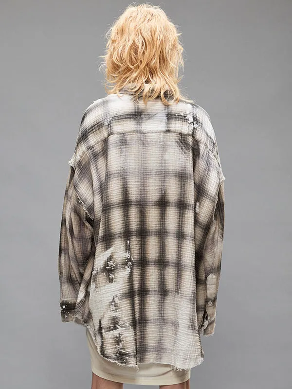 Shredded Seam Drop Neck Shirt in Bleached Grey Plaid