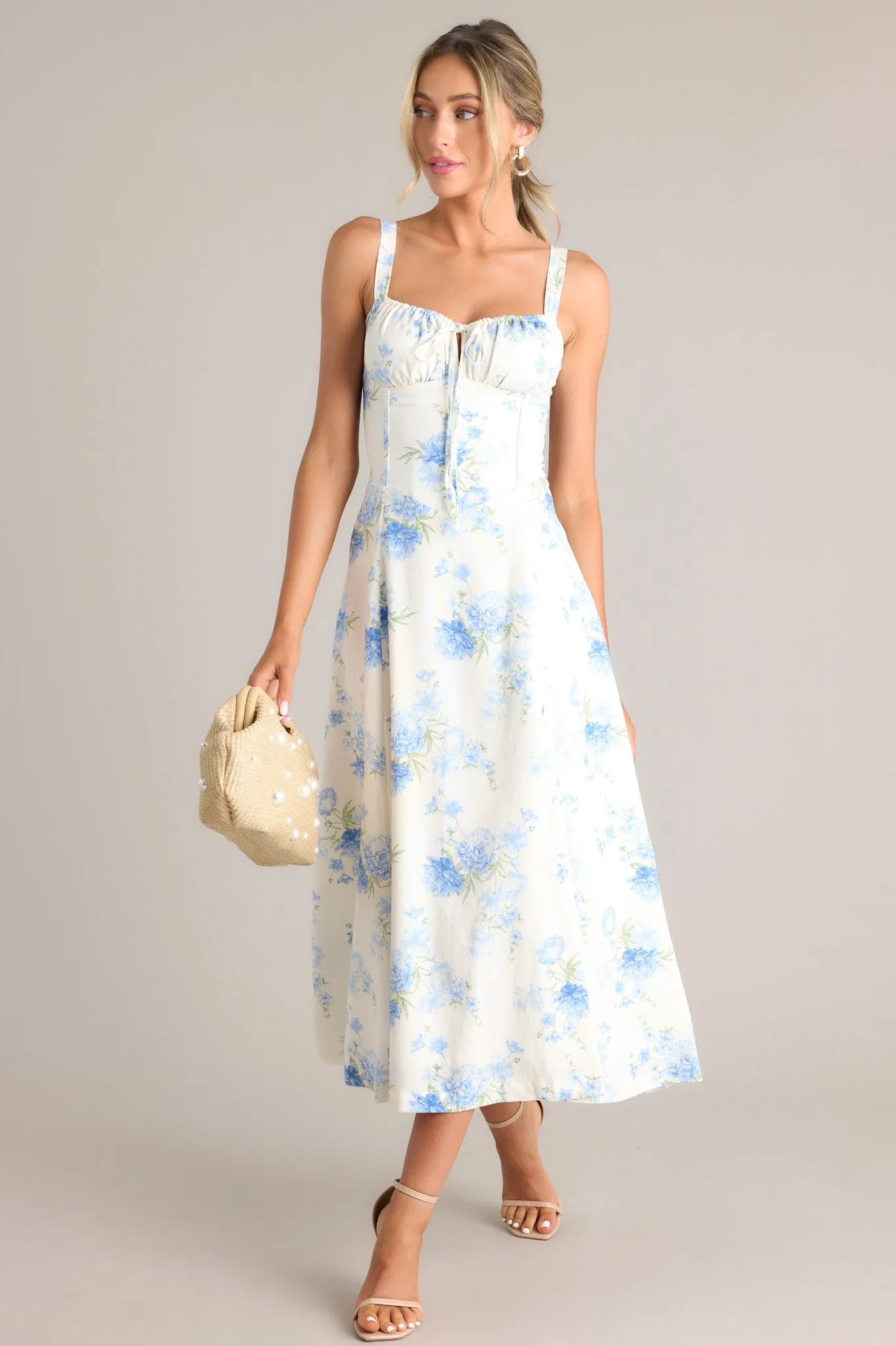 Skyward Bloom Ivory & Blue Floral Midi Dress