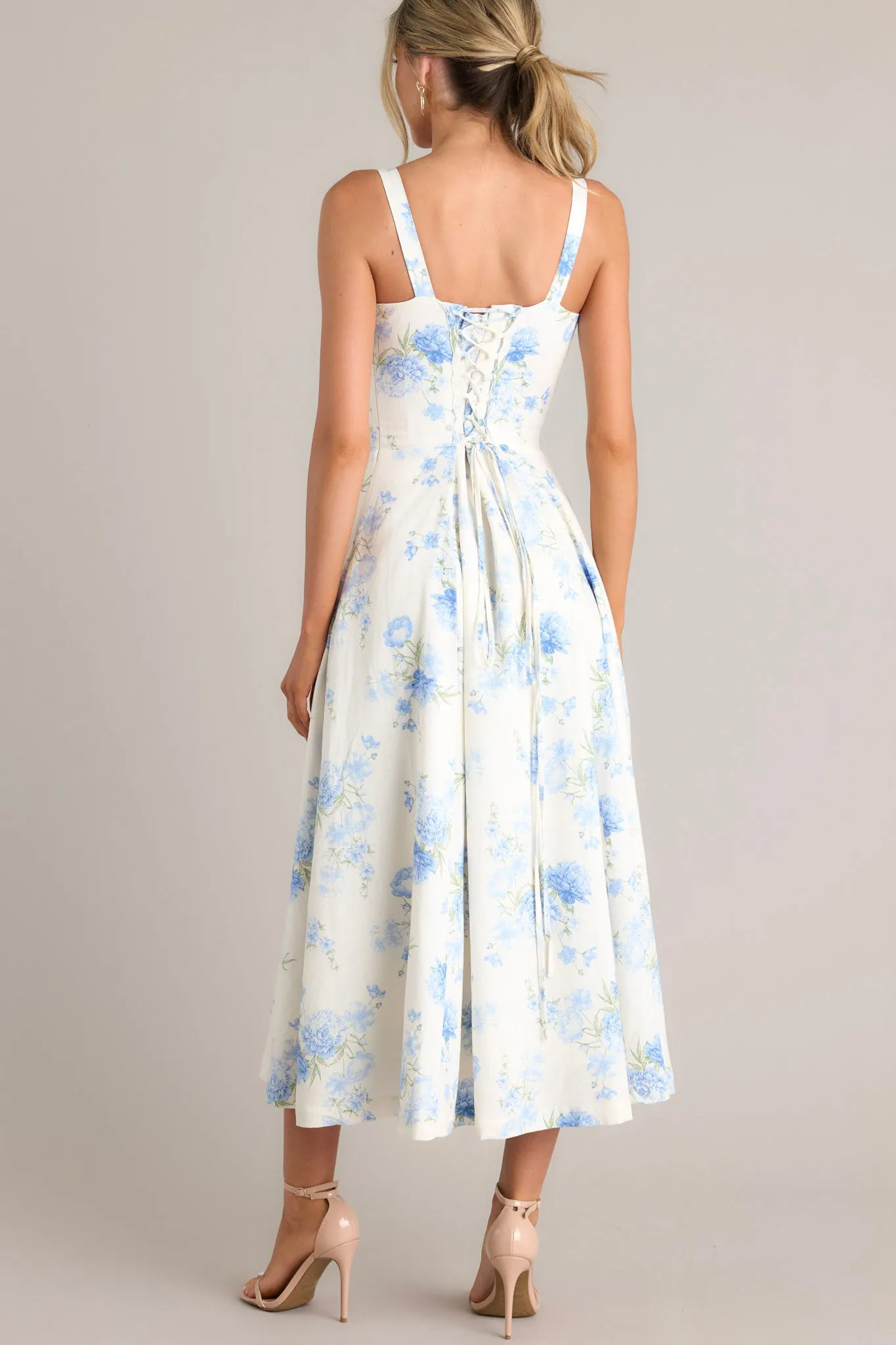 Skyward Bloom Ivory & Blue Floral Midi Dress