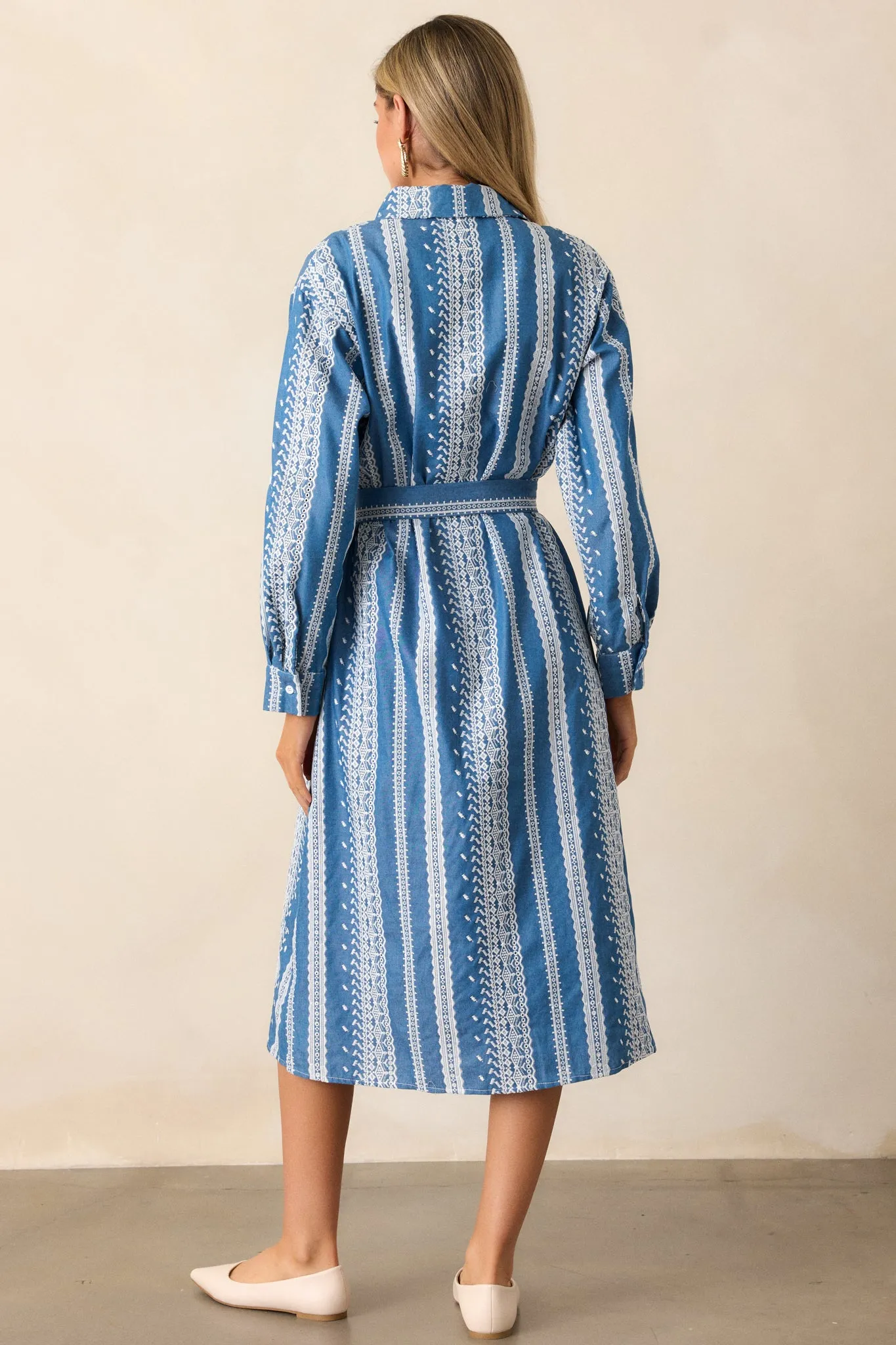 Songs of the Sky Blue Embroidered Midi Shirt Dress