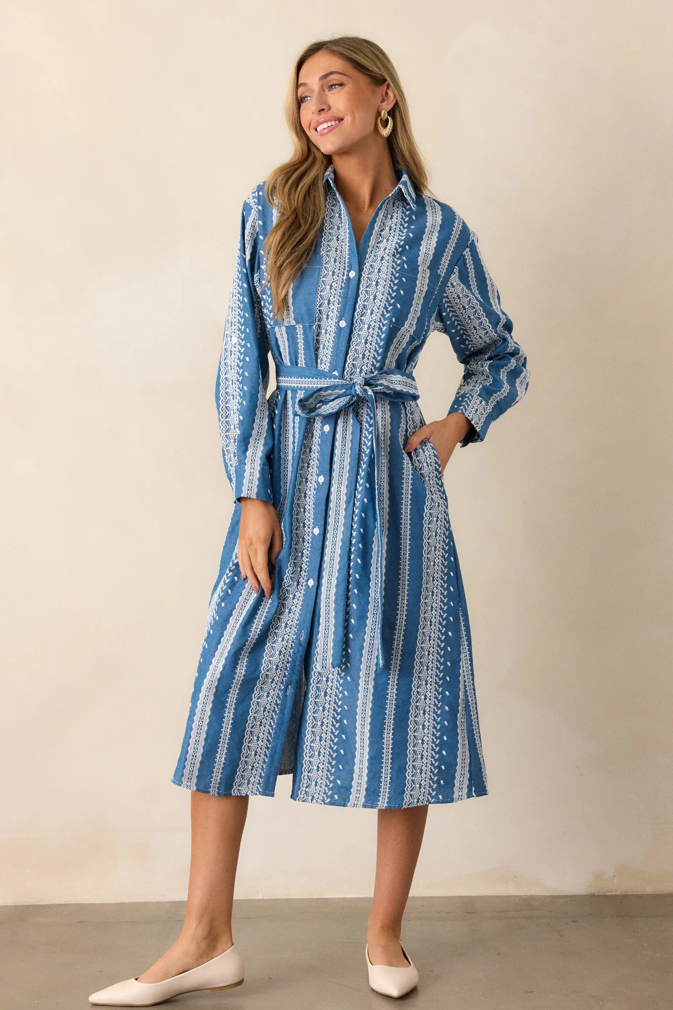 Songs of the Sky Blue Embroidered Midi Shirt Dress