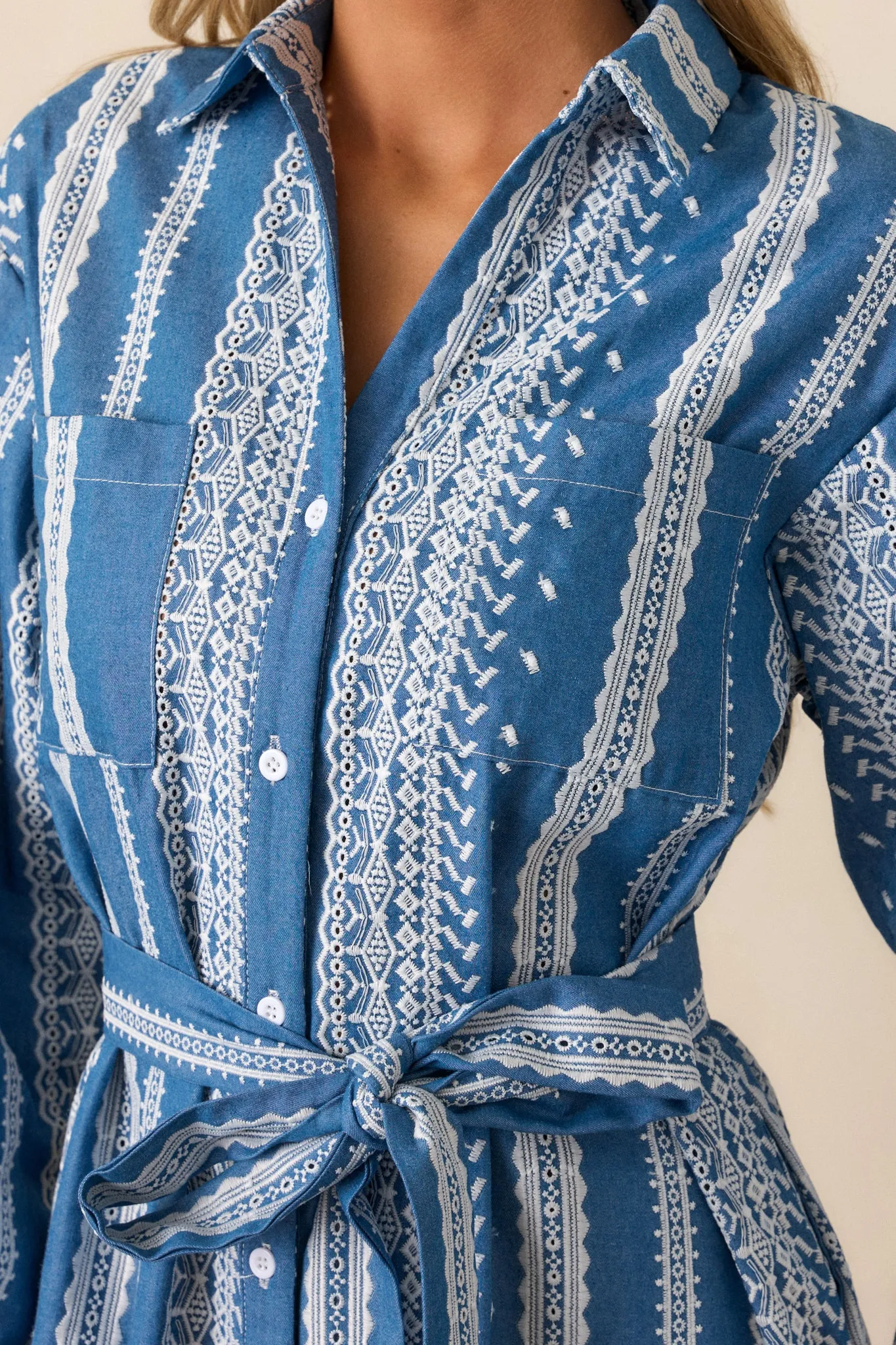 Songs of the Sky Blue Embroidered Midi Shirt Dress