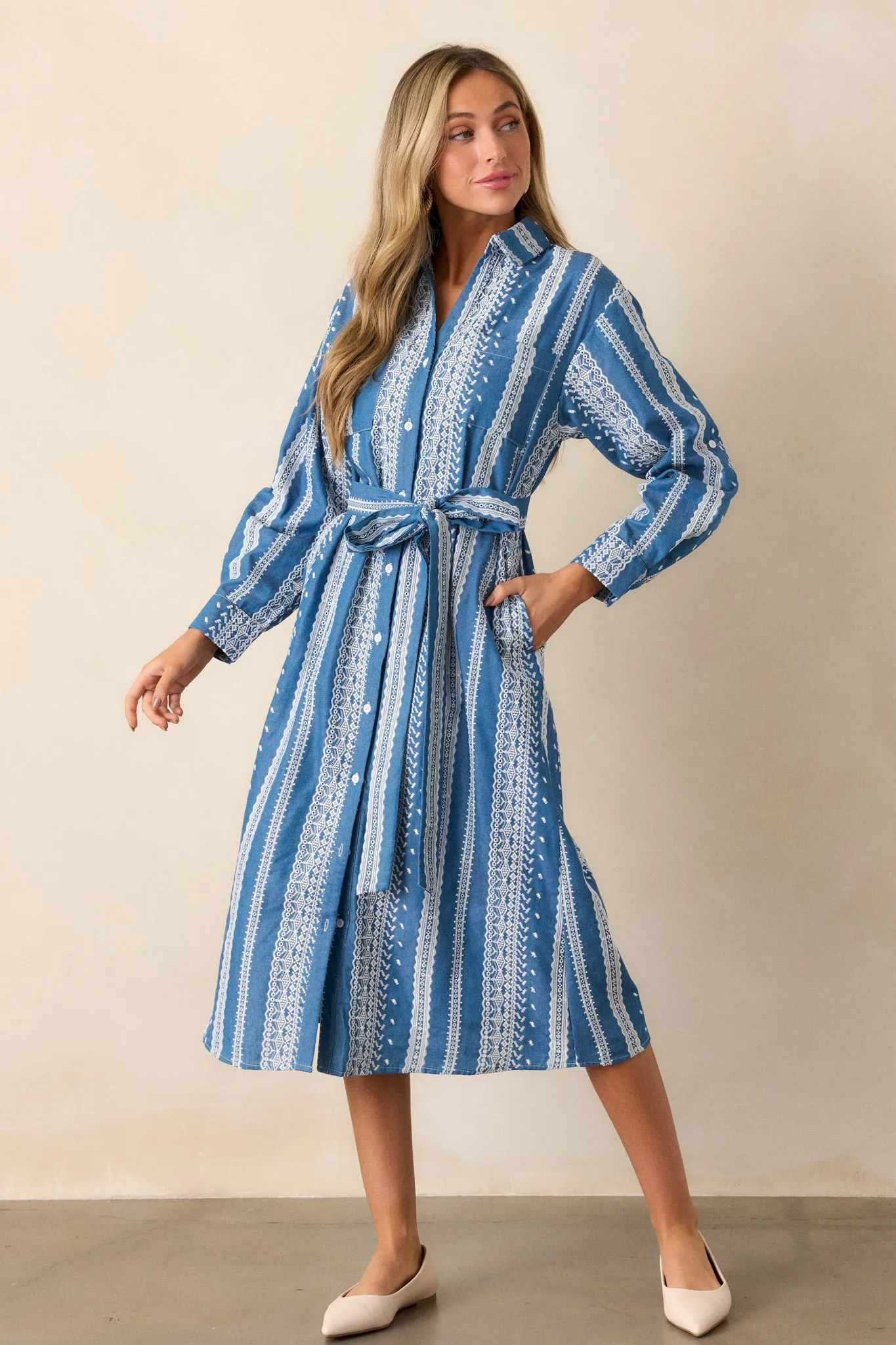 Songs of the Sky Blue Embroidered Midi Shirt Dress