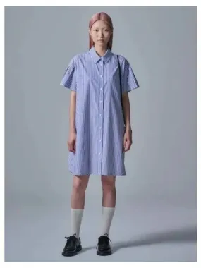 Striped half sleeve shirt dress one piece blue domestic product