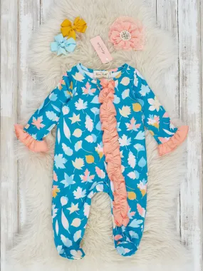 Teal & Coral Autumn Leaves Footed Sleeper Pajamas