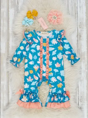 Teal & Coral Autumn Leaves Ruffle Romper