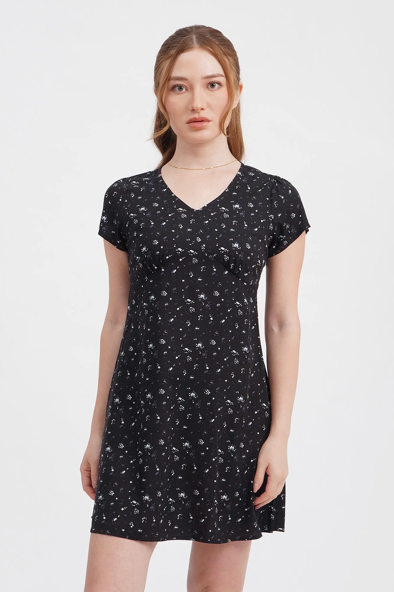 V-Neck Cap Sleeeves Floral Mini Dress