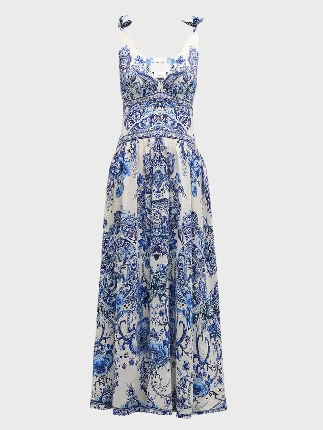 Women’s Blue and White Porcelain Print Tie-Shoulder Silk and Linen Maxi Dress