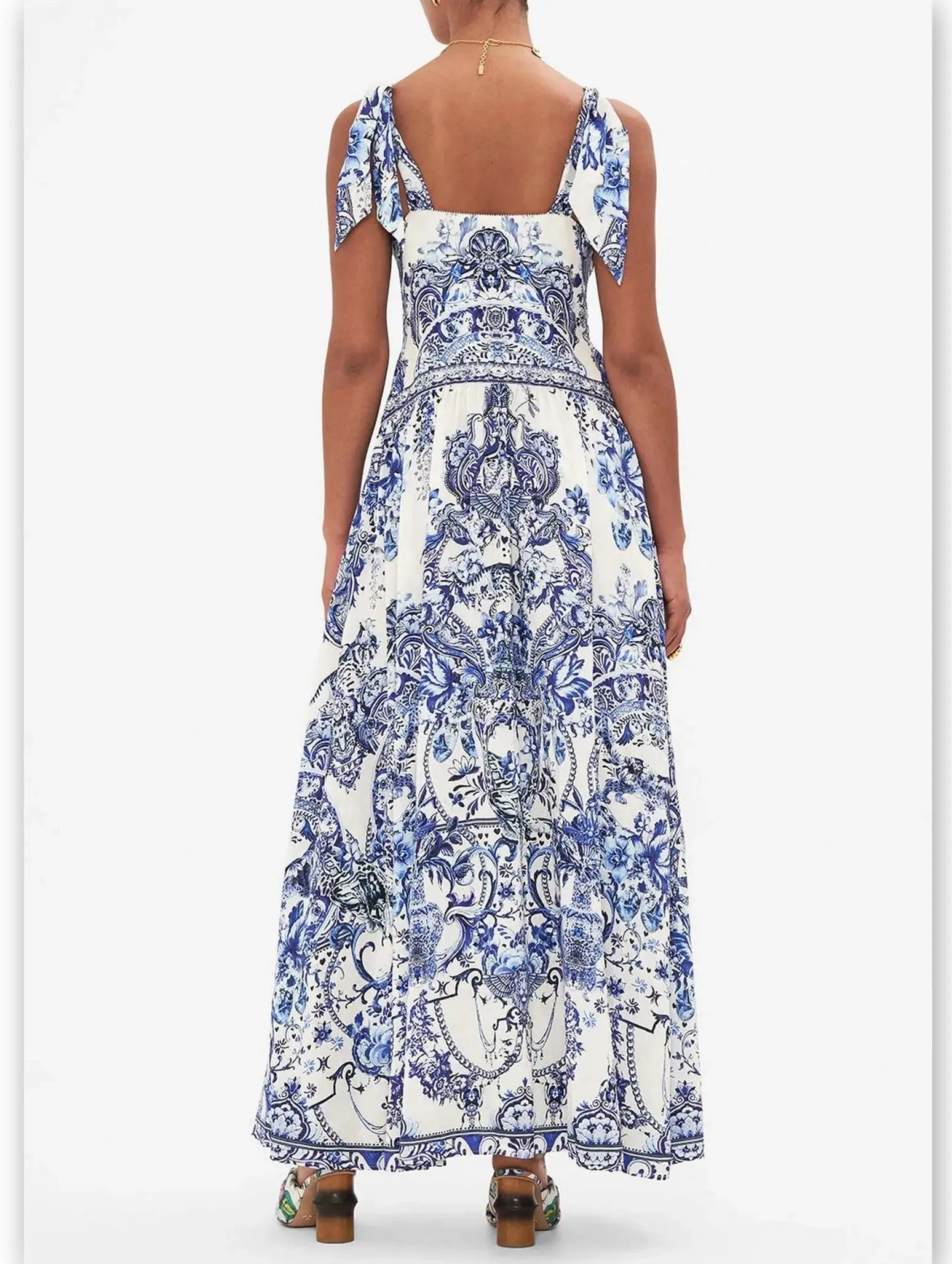 Women’s Blue and White Porcelain Print Tie-Shoulder Silk and Linen Maxi Dress