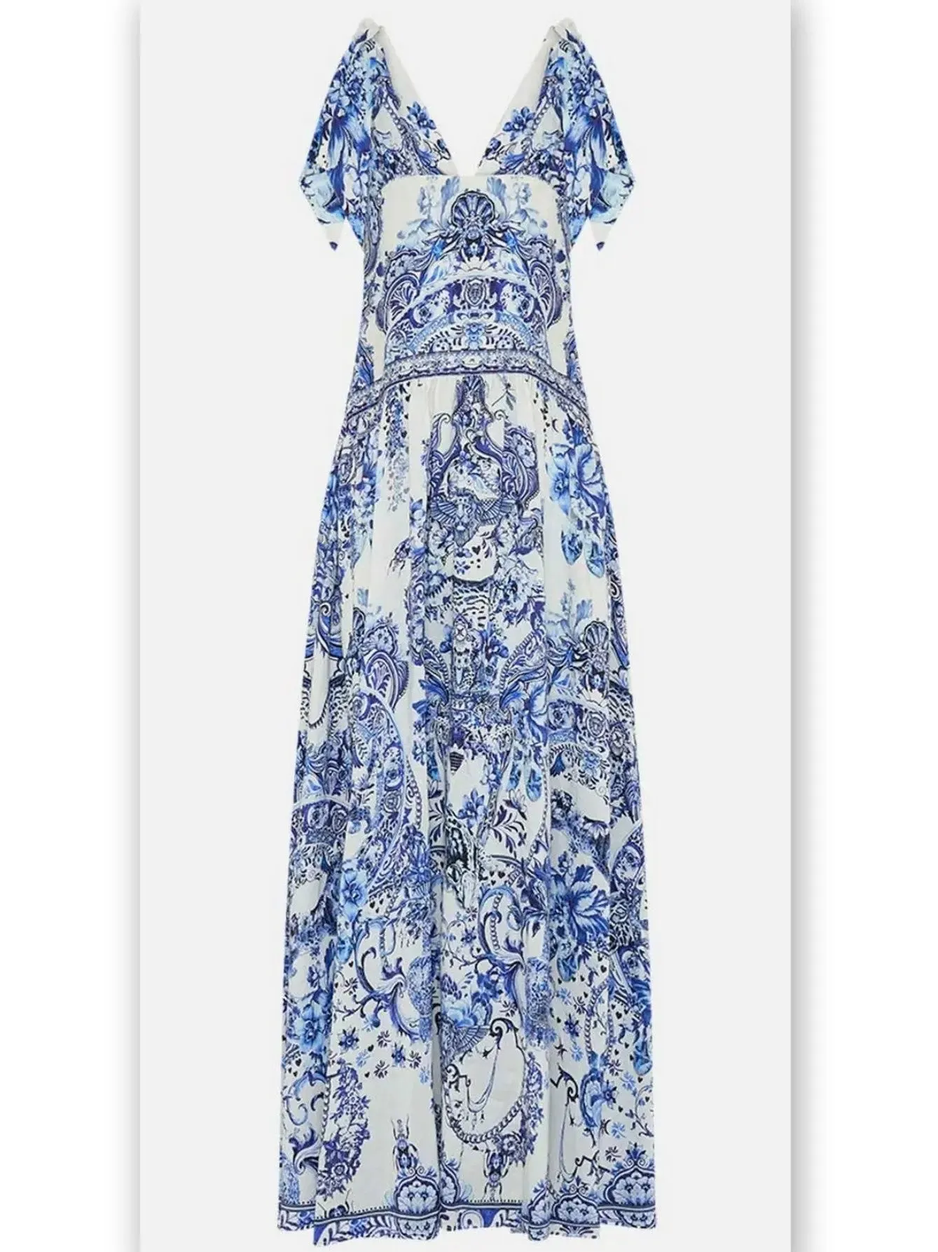 Women’s Blue and White Porcelain Print Tie-Shoulder Silk and Linen Maxi Dress