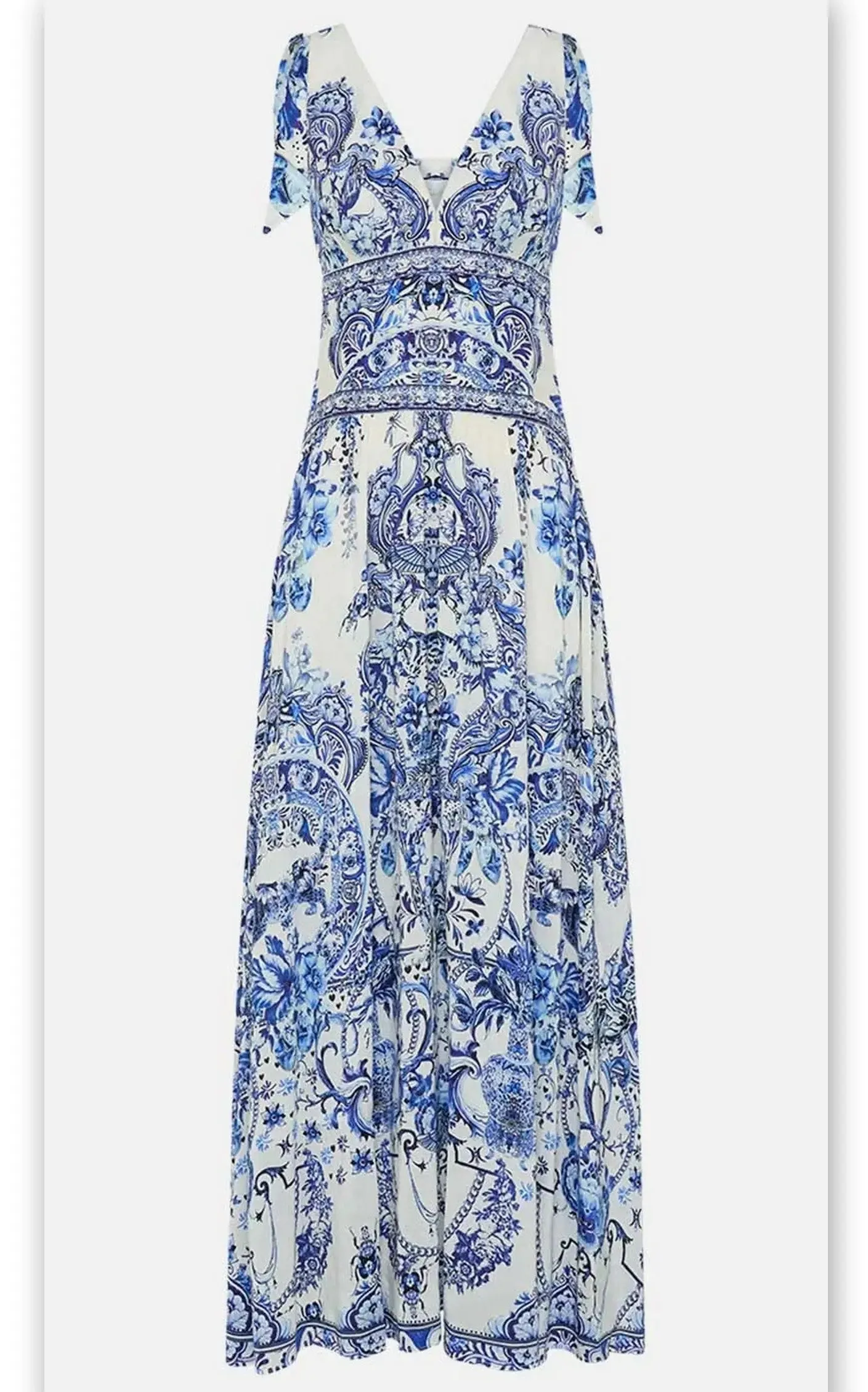 Women’s Blue and White Porcelain Print Tie-Shoulder Silk and Linen Maxi Dress