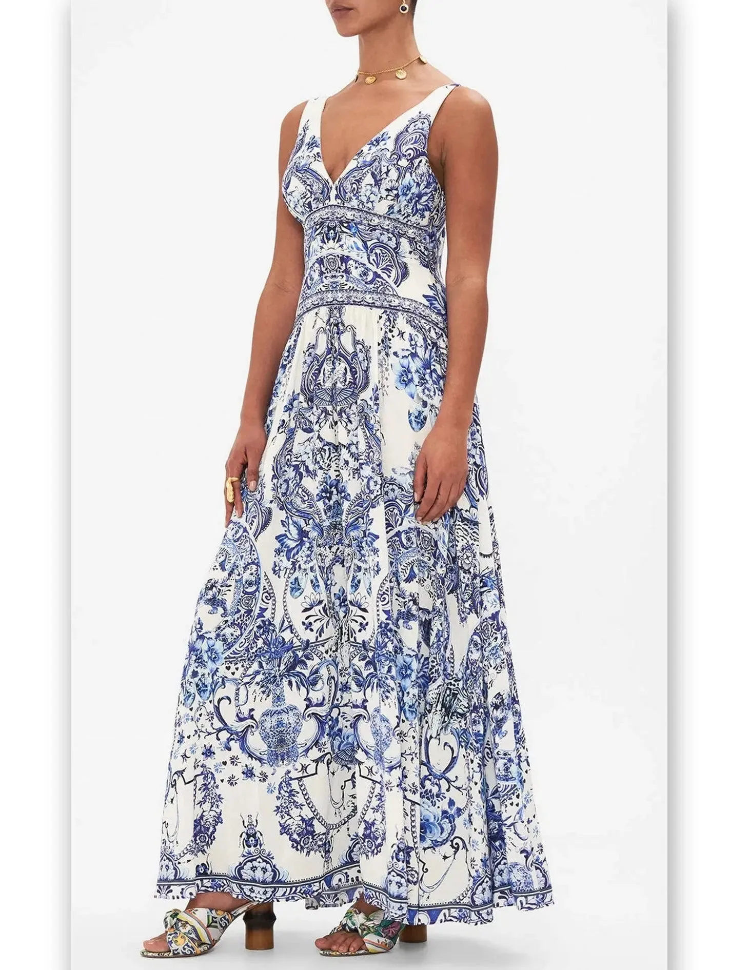 Women’s Blue and White Porcelain Print Tie-Shoulder Silk and Linen Maxi Dress